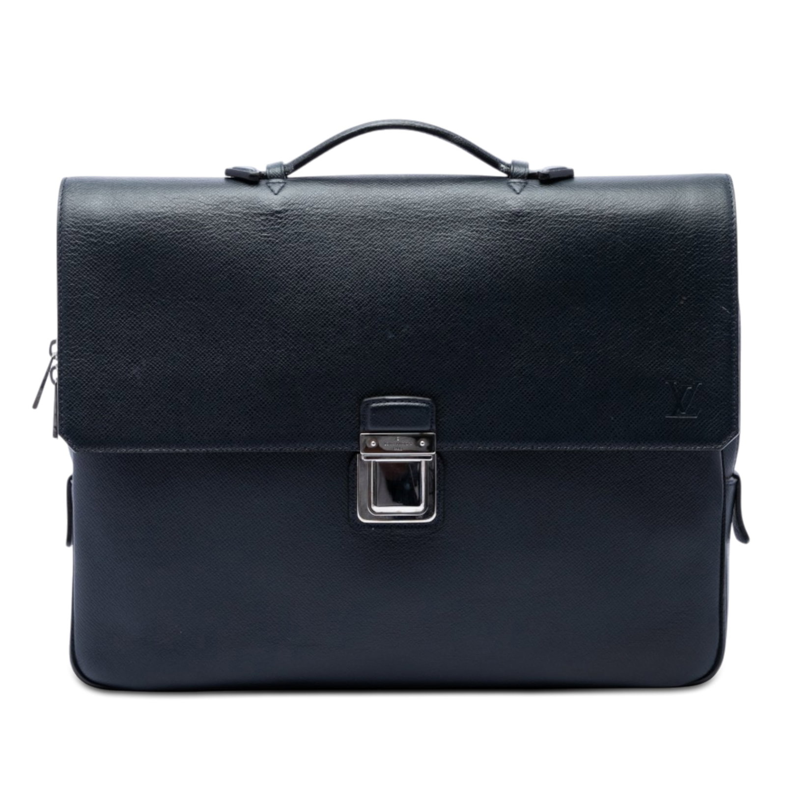 Louis Vuitton Taiga Vassili PM Blue Leather Top Handle Bag: Louis Vuitton Taiga Vassili PM Blue Leather Top Handle Bag Louis Vuitton Taiga Vassili PM bag crafted in blue taiga leather with a structured top handle and front flap with push lock closure. The desi