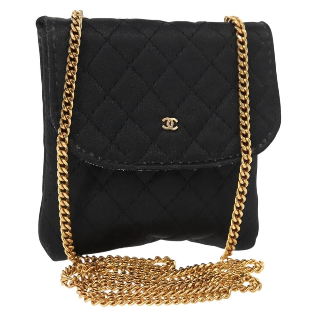 CHANEL Matelasse Satin Mini Shoulder Bag Black Gold Chain CC: CHANEL Matelasse Satin Mini Shoulder Bag Black Gold Chain CC Compact Chanel matelasse chain shoulder bag in black satin with gold-tone accents. Made in France, this women's shoulder bag is offered wit