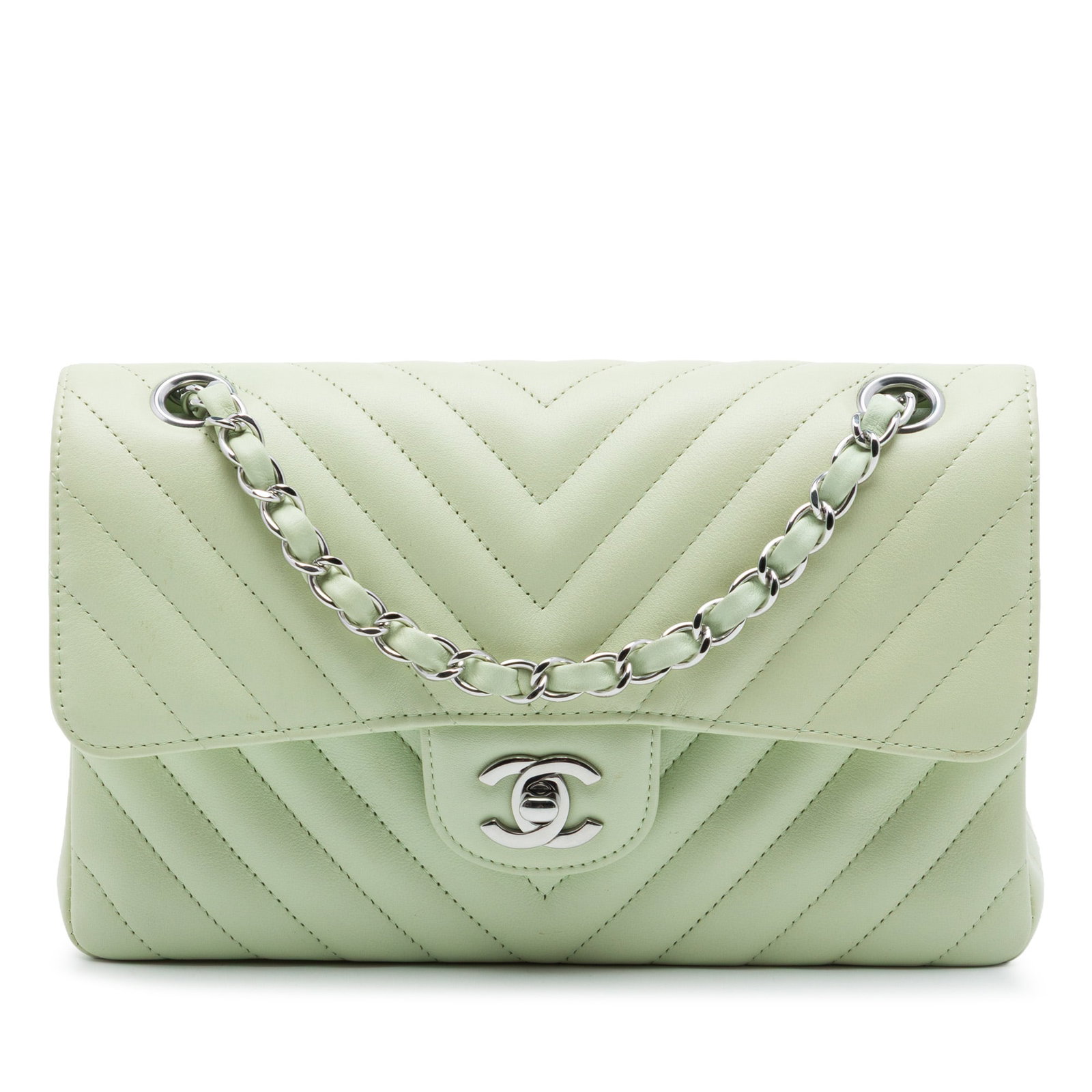 Chanel Small Classic Chevron Double Flap Green Lambskin Shoulder Bag: Chanel Small Classic Chevron Double Flap Green Lambskin Shoulder Bag Small Classic Chevron Lambskin Double Flap shoulder bag in green lambskin leather. This bag features a chevron-quilted body, a leat