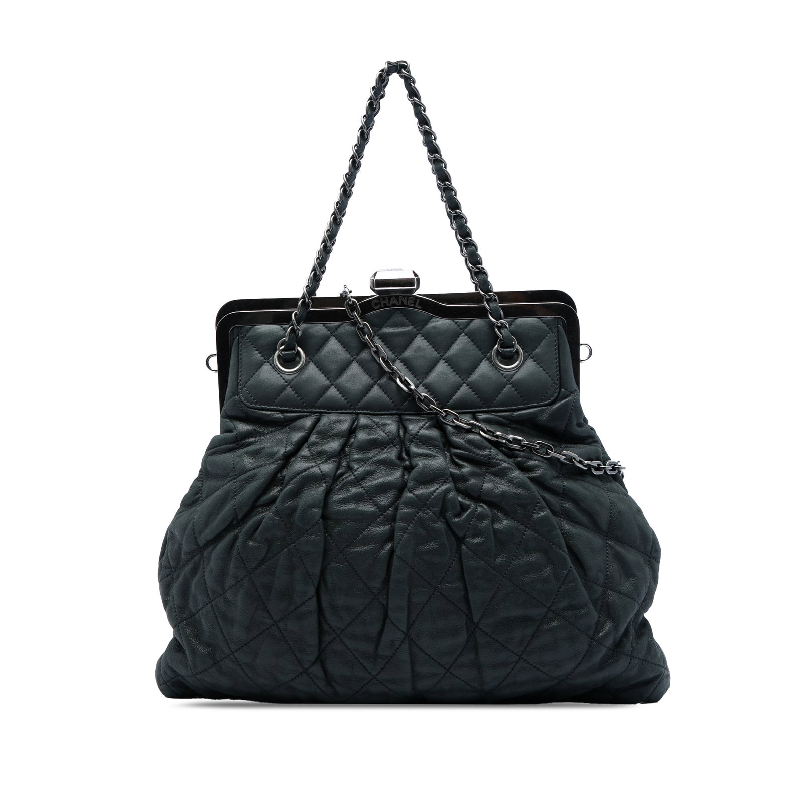 Chanel Chic Quilt Frame Satchel in Black Iridescent Calfskin: Chanel Chic Quilt Frame Satchel in Black Iridescent Calfskin Quilted Chanel satchel crafted in iridescent calfskin with a structured frame-top silhouette. It features leather-woven chain link handles,