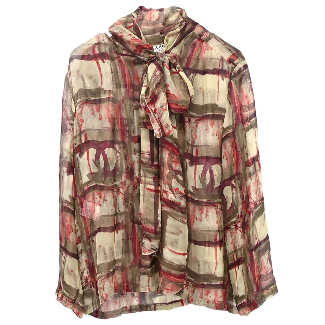 CHANEL 98A Silk Bow Tie Blouse Womens Size 38 Khaki (1 of 15)