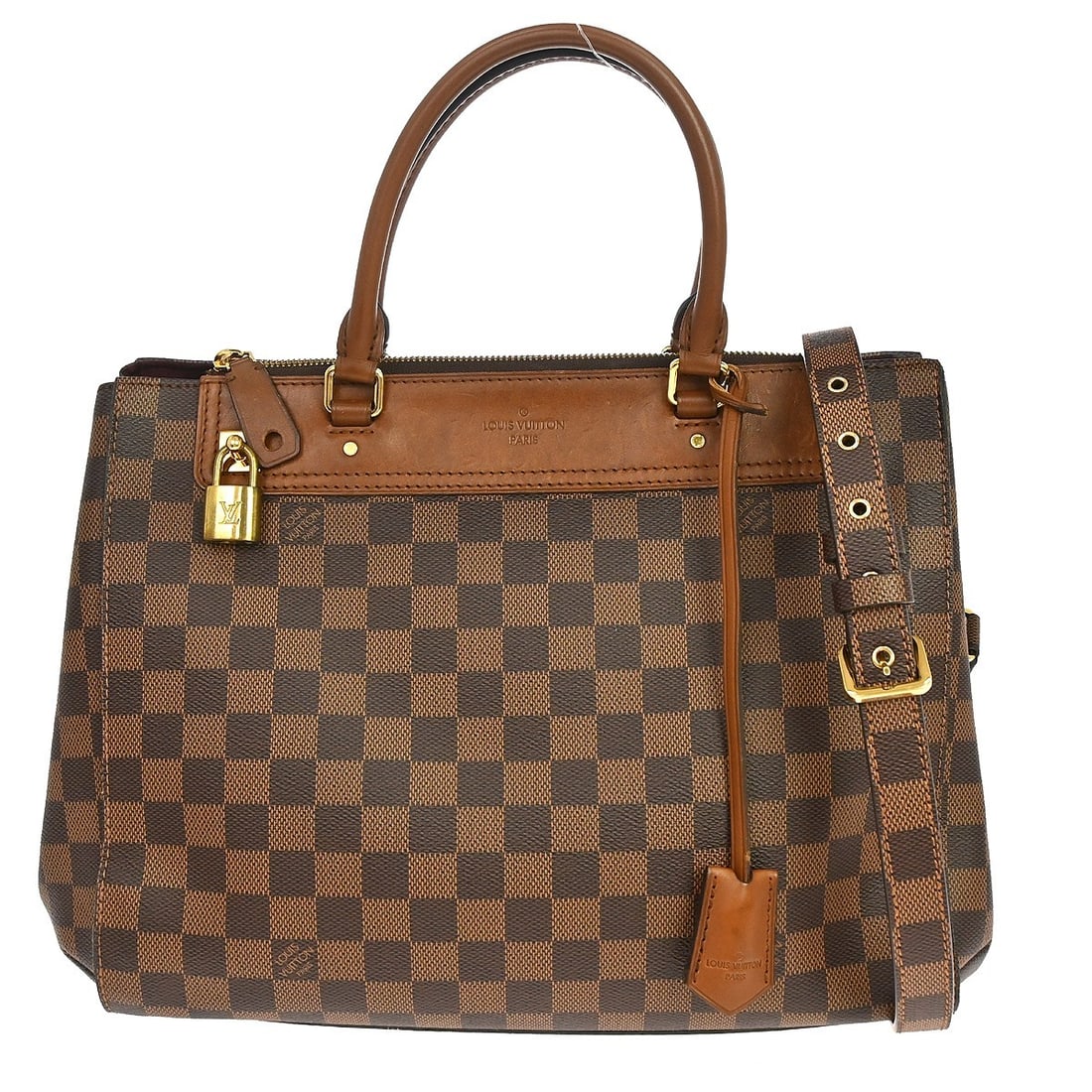 Louis Vuitton Greenwich N41337 Damier Ebene 2way Tote Bag: Louis Vuitton Greenwich N41337 Damier Ebene 2way Tote Bag Vintage Louis Vuitton Greenwich 2way handbag in Damier canvas with leather trim and double handles. This medium tote features a zip closure, p