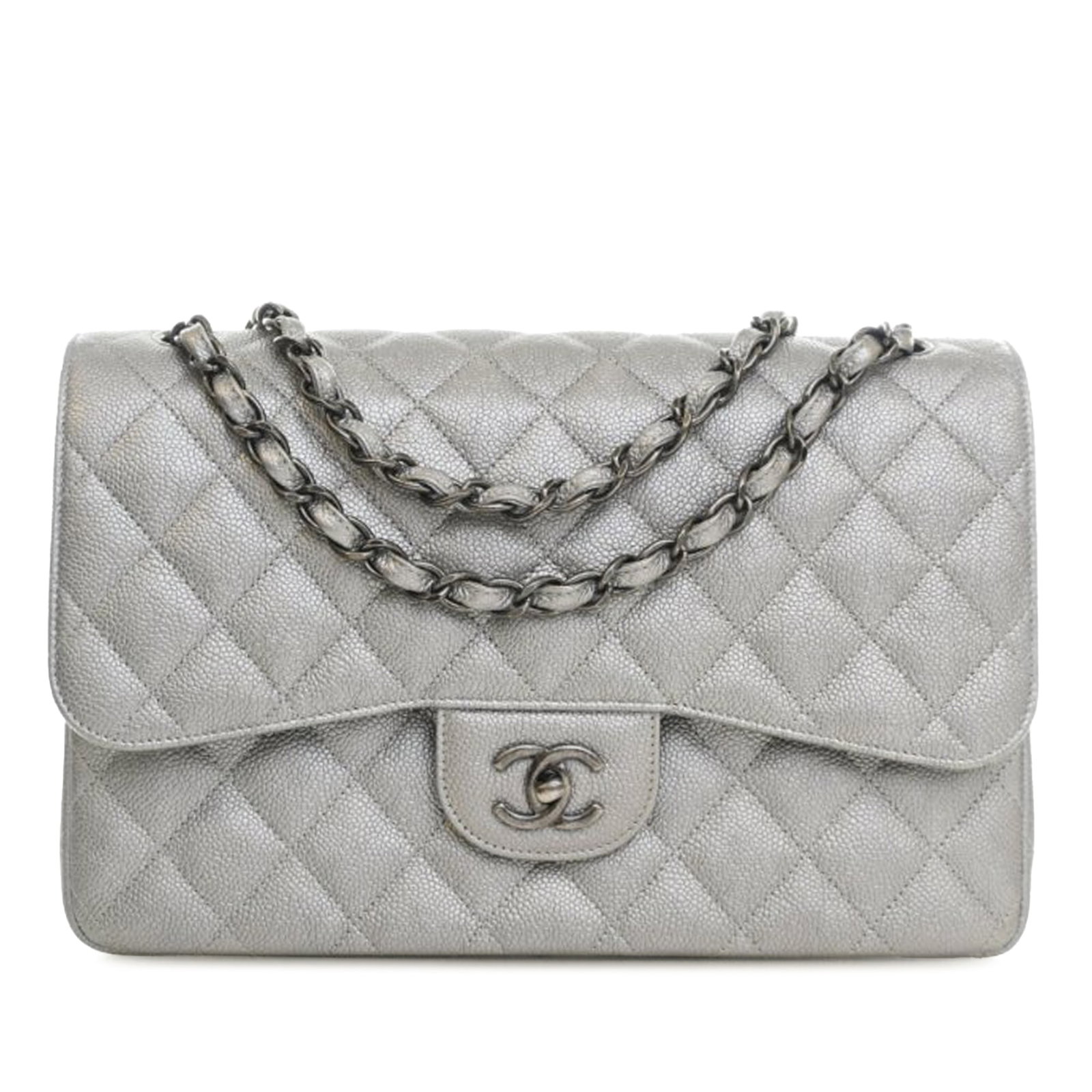 Chanel Jumbo Classic Double Flap Shoulder Bag in Silver Caviar Leather: Chanel Jumbo Classic Double Flap Shoulder Bag in Silver Caviar Leather Chanel Jumbo Classic Caviar Double Flap shoulder bag in quilted caviar leather with leather-woven chain link straps and a double 