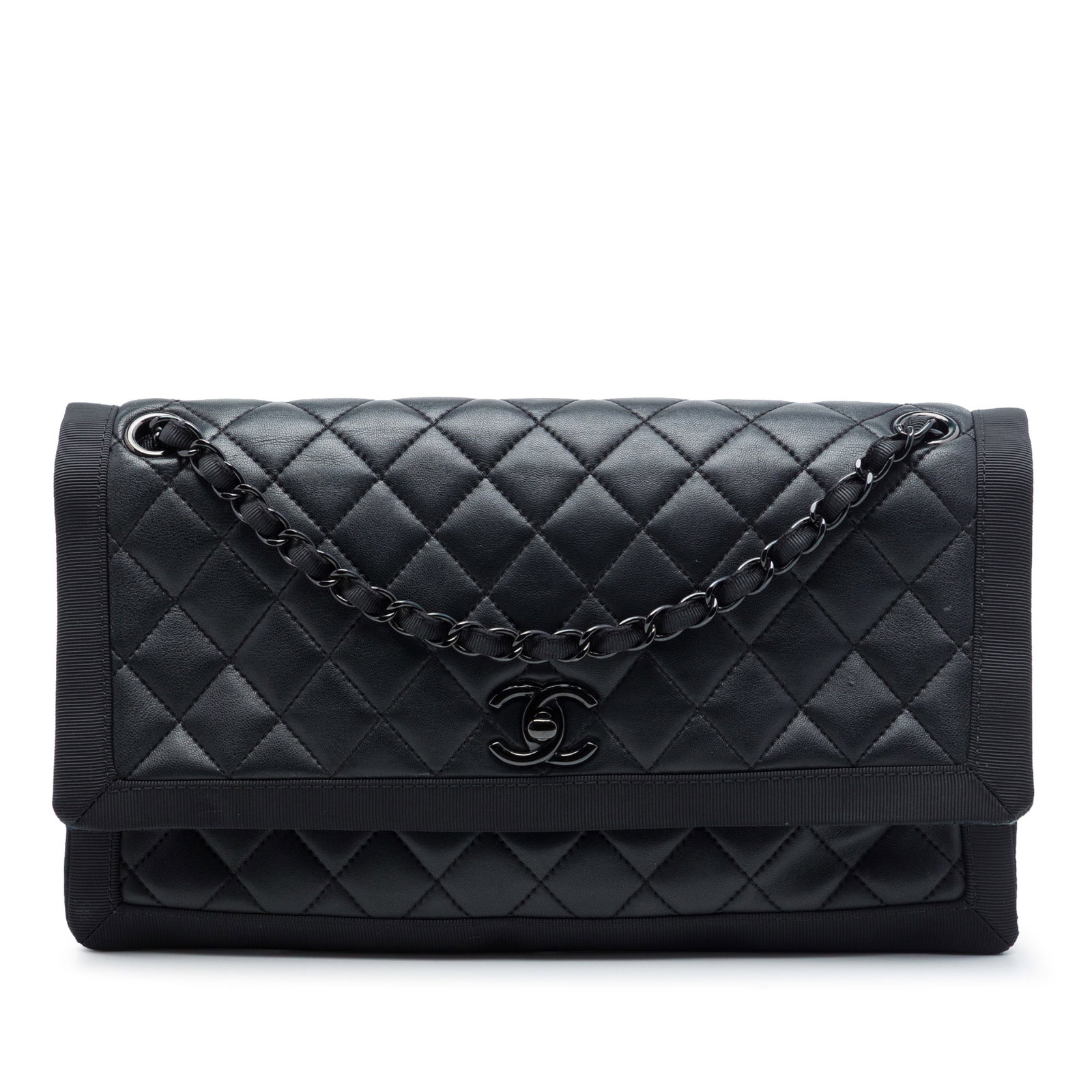 Chanel So Black Flap Bag in Quilted Lambskin with Grosgrain Trim: Chanel So Black Flap Bag in Quilted Lambskin with Grosgrain Trim Chanel CC Quilted Lambskin and Grosgrain So Black Flap bag crafted with a quilted lambskin leather body and grosgrain canvas trim. It f