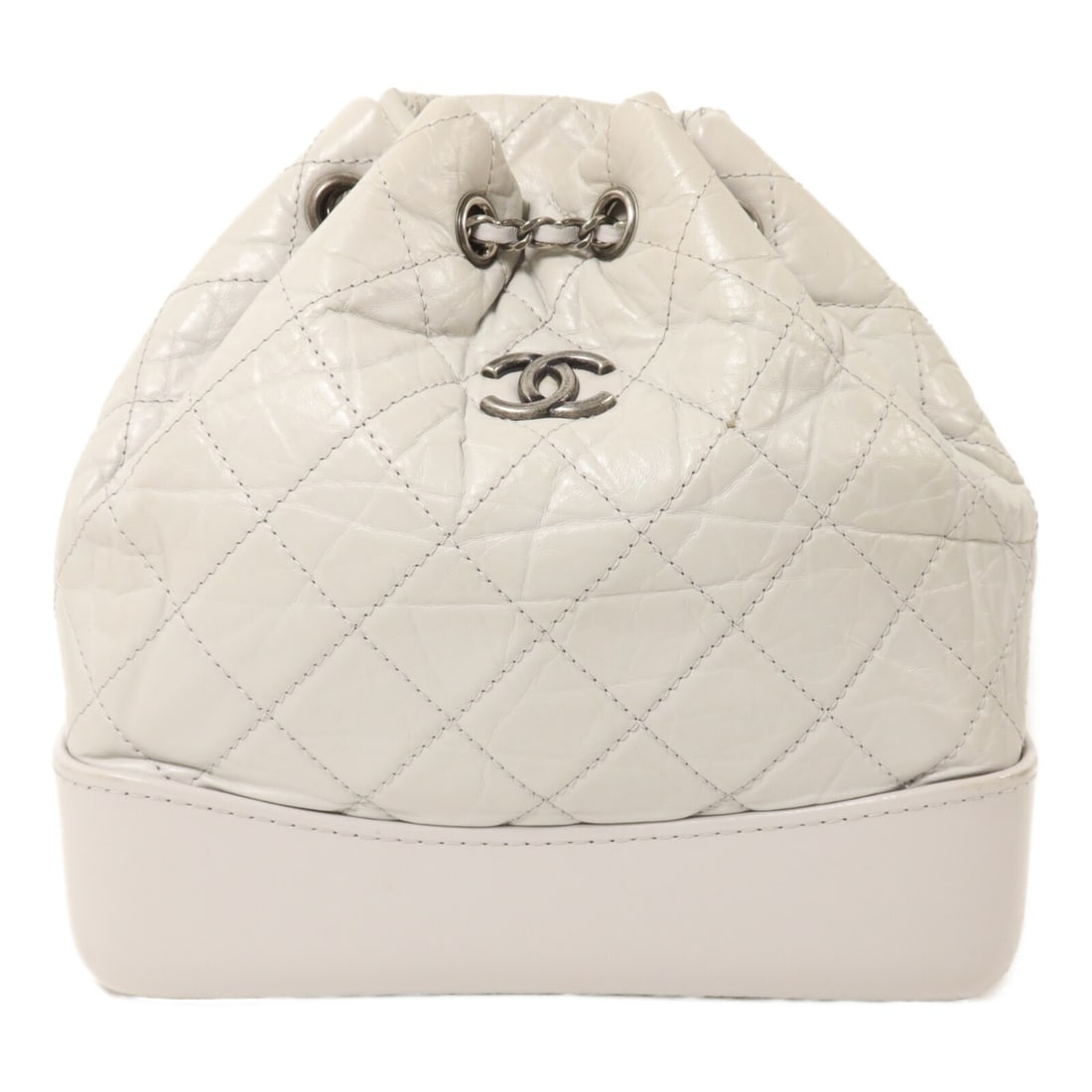 CHANEL Gabrielle A94485 Small Gray Lambskin Chain Backpack: CHANEL Gabrielle A94485 Small Gray Lambskin Chain Backpack Small Gabrielle chain backpack in gray lambskin leather with an interior open pocket. This women's backpack shows reasonable wear and tear an