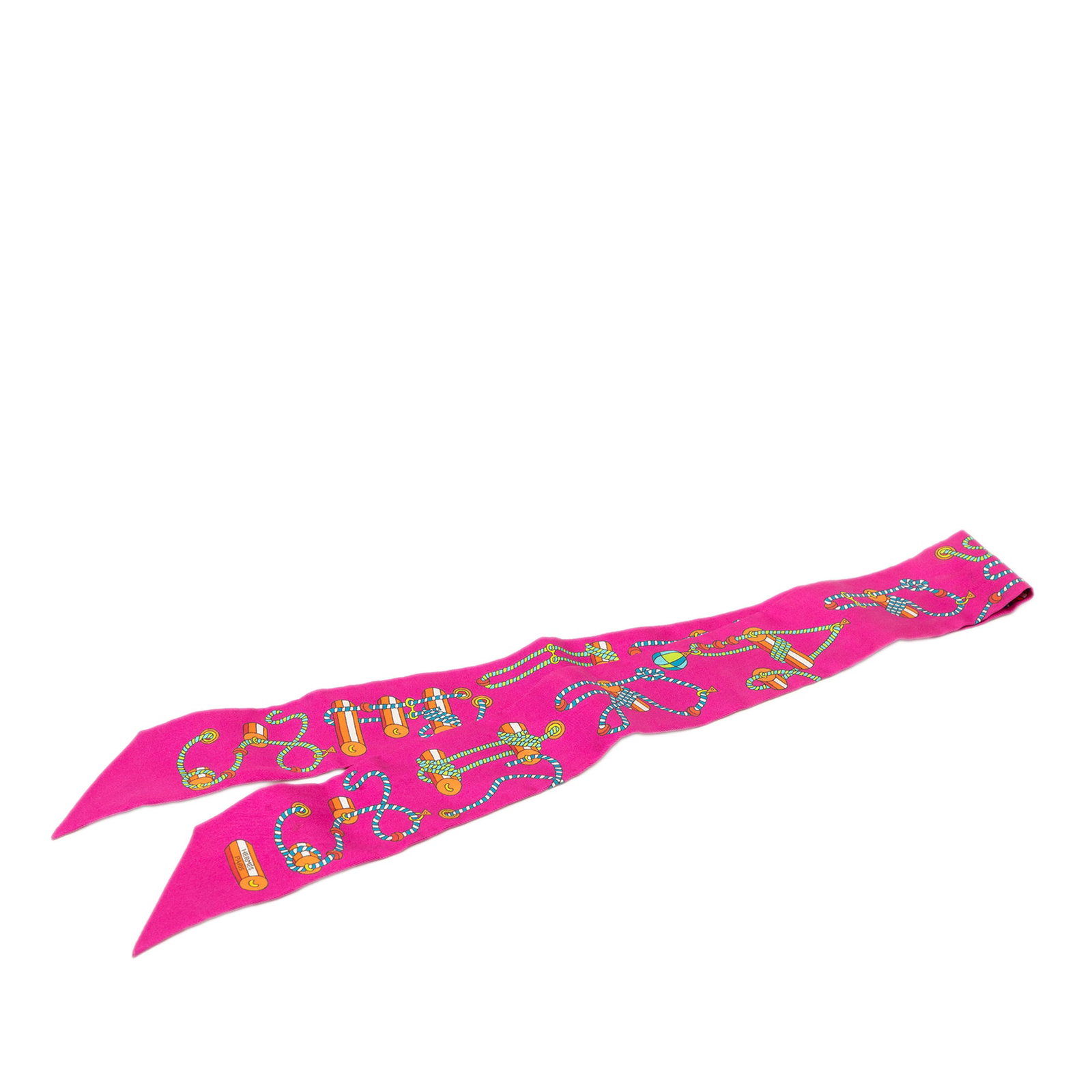 Hermes Cordages Twilly Silk Scarf Pink 85 cm with Box: Hermes Cordages Twilly Silk Scarf Pink 85 cm with Box Hermes Cordages silk twilly scarf in pink, crafted from 100% silk and made in France. This accessory features the Cordages print and includes the 