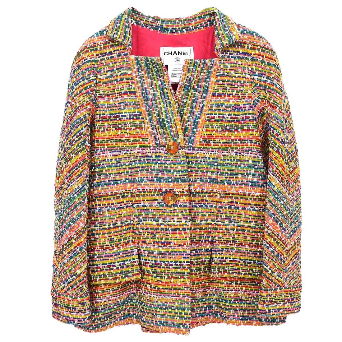 CHANEL P53163V39621 Tweed Jacket FR 34 Pink Multicolor: CHANEL P53163V39621 Tweed Jacket FR 34 Pink Multicolor Vintage Chanel single-breasted tweed jacket in pink with yellow, blue, and green tones. This women's mid-length jacket features long sleeves, a b
