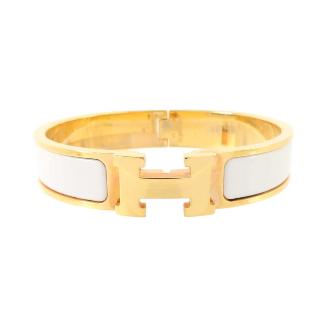 Hermes Clic H Enamel Bangle Bracelet White Gold Tone: Hermes Clic H Enamel Bangle Bracelet White Gold Tone Hermes Clic H bracelet bangle in white enamel with metal gold-tone detailing. Designed for women, this bracelet includes the storage box and storag