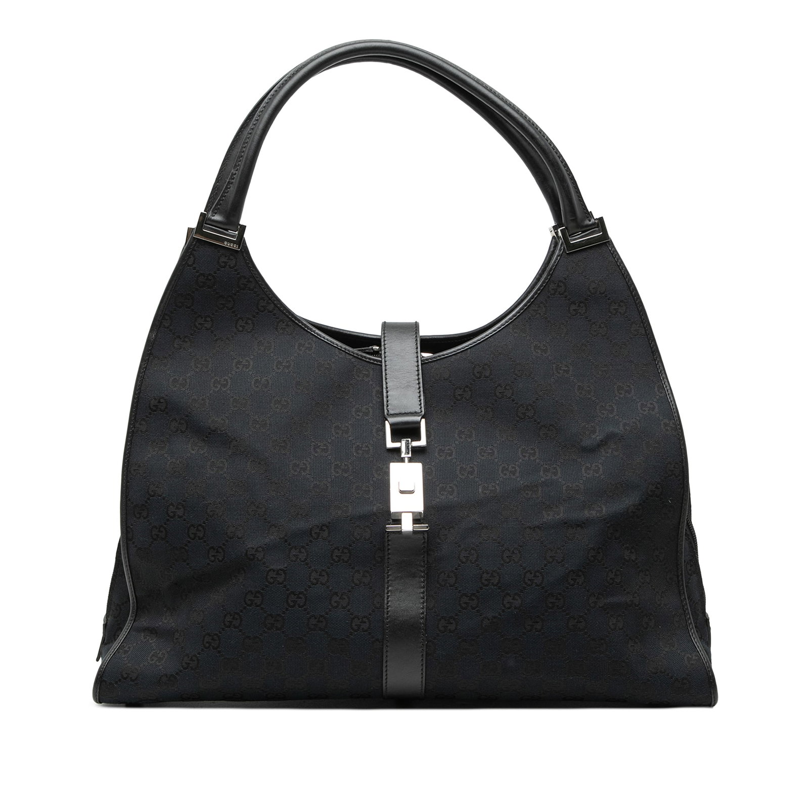 Gucci Jackie Bardot GG Canvas Travel Bag Black: Gucci Jackie Bardot GG Canvas Travel Bag Black Gucci Jackie Bardot travel bag in black GG canvas with leather trim. This bag features rolled leather handles, a top strap with geometric piston lock, a 