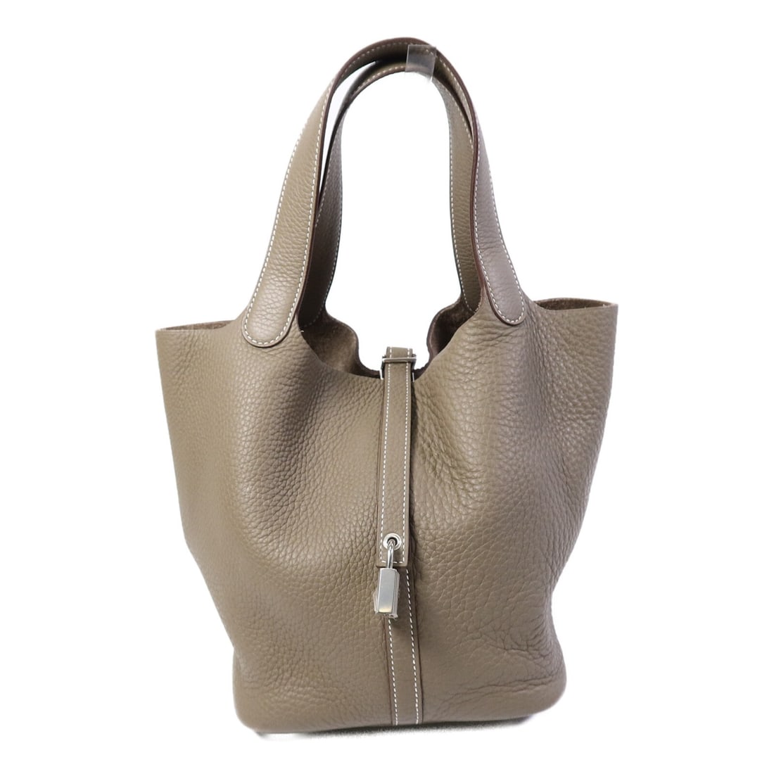 Hermes Picotin MM Clemence Leather Bucket Handbag Etoupe PHW: Hermes Picotin MM Clemence Leather Bucket Handbag Etoupe PHW Hermes Picotin MM handbag/bucket tote in Etoupe Grey and gray, made in France. It is crafted from Taurillon Clemence and calfskin (cowhide)