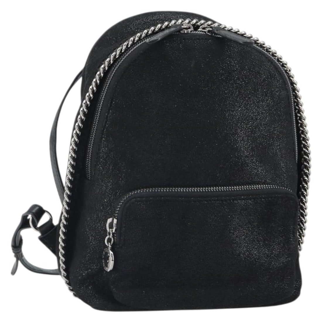 Falabella Black Polyester Backpack by Stella MacCartney Silver Accents: Falabella Black Polyester Backpack by Stella MacCartney Silver Accents This Stella McCartney Falabella backpack features a black polyester exterior with silver-tone accents. Designed with a compact si