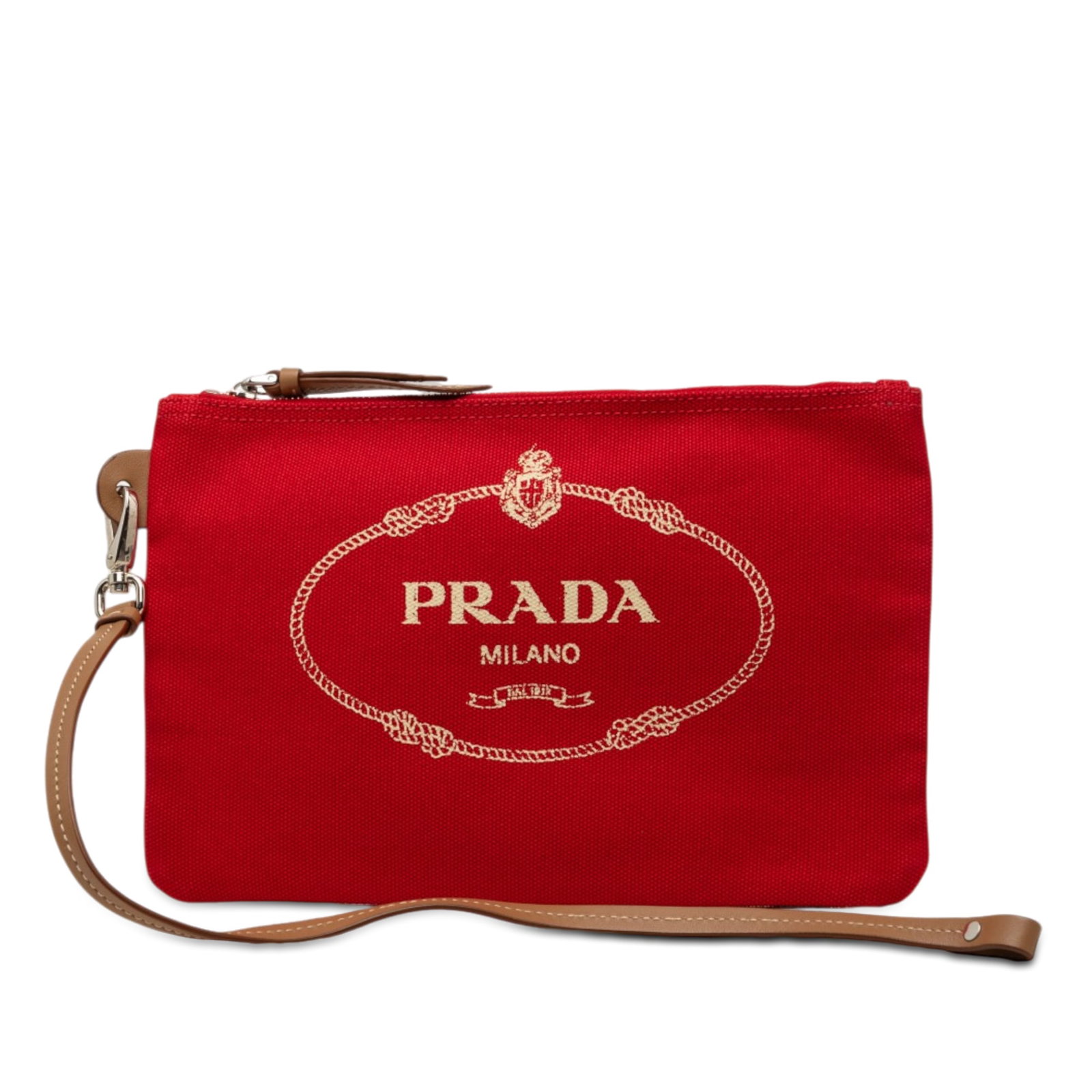 Prada Canapa Logo Canvas Wristlet Zip Pouch Red: Prada Canapa Logo Canvas Wristlet Zip Pouch Red Prada Canapa logo wristlet pouch in red canvas with a detachable flat leather wrist strap and top zip closure. This piece shows wear to the exterior cor