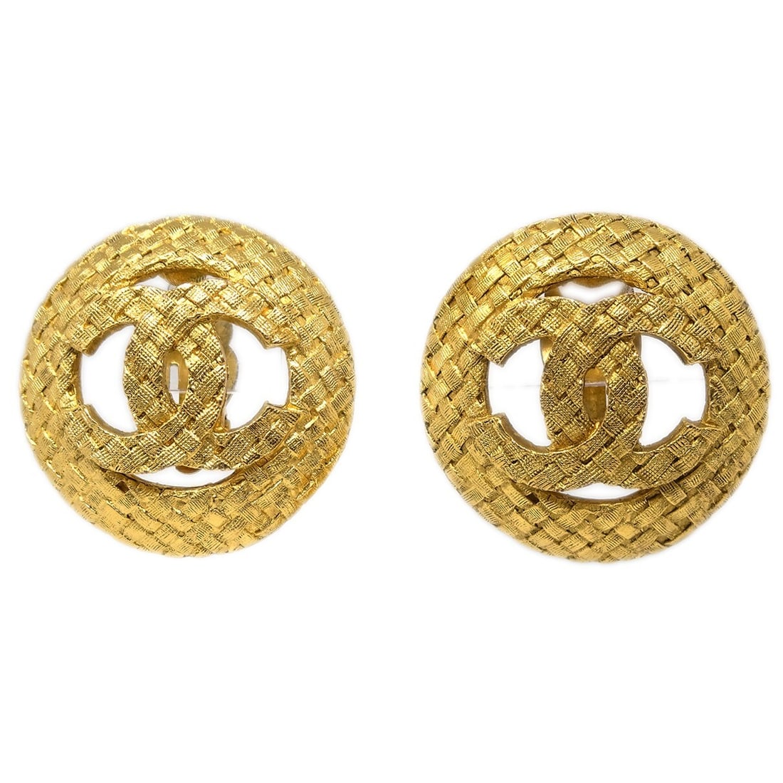 CHANEL CC Logo Round Clip On Button Earrings Gold Plated: CHANEL CC Logo Round Clip On Button Earrings Gold Plated Round Chanel button earrings with the signature CC logo design and a clip-on closure. Crafted in gold-plated metal, this pair is made in France