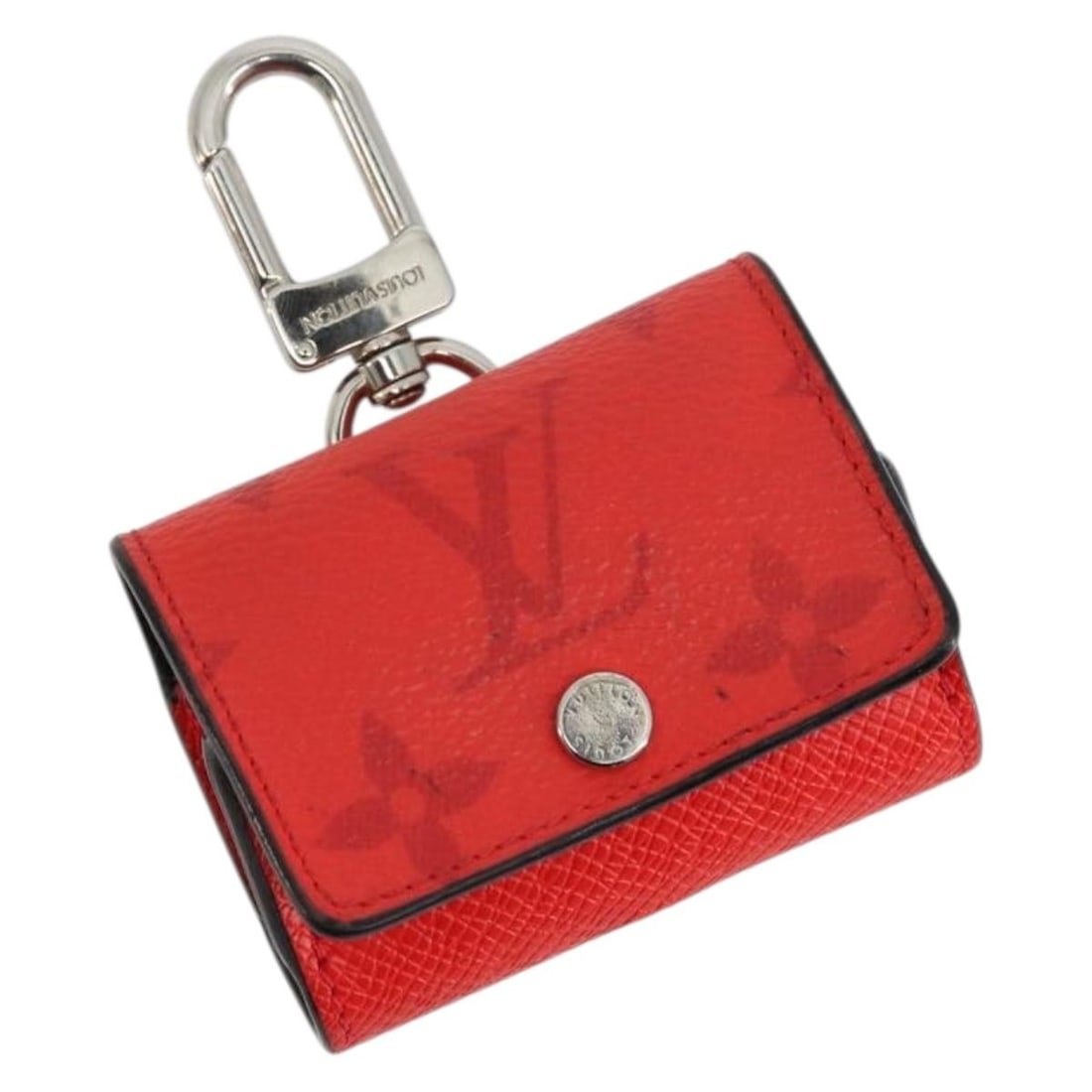 Louis Vuitton Red Taiga Leather Earphone Case M77284: Louis Vuitton Red Taiga Leather Earphone Case M77284 This Louis Vuitton Tiger Lama Monogram earphone pouch is crafted from red Taiga leather and designed for women. Made in Italy, the pouch features t