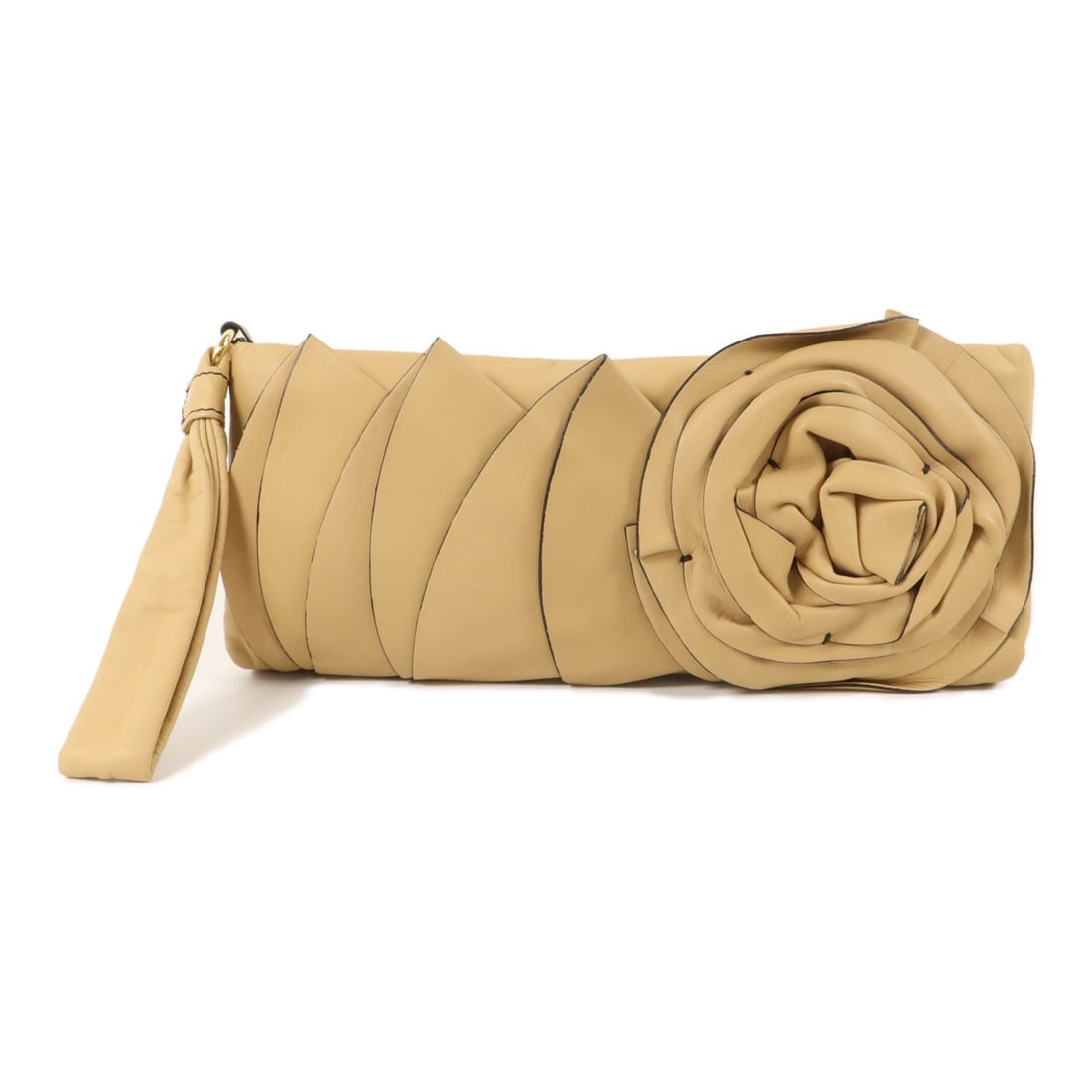 Valentino beige calfskin pouch clutch with gold tone hardware: Valentino beige calfskin pouch clutch with gold tone hardware Valentino GHW pouch clutch bag in beige calfskin (cowhide) leather, designed for women. It features a hand strap and an interior zip pocke