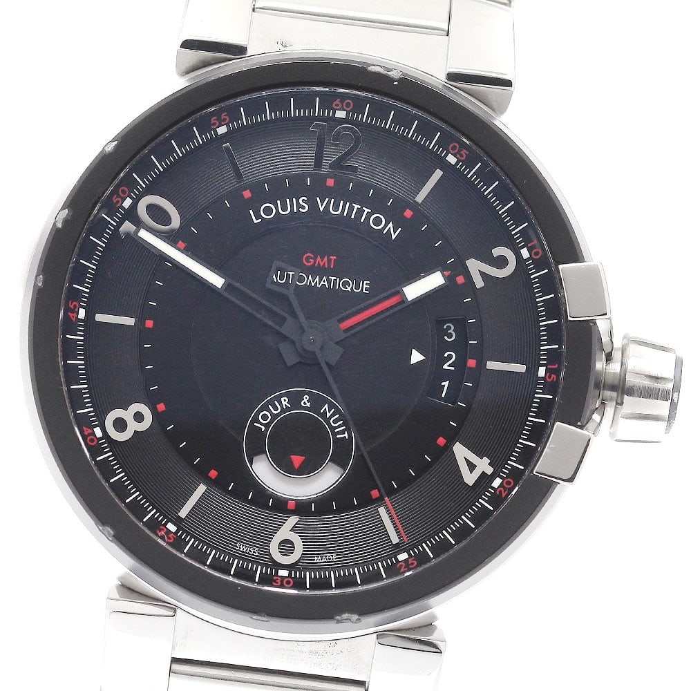 Louis Vuitton Tambour Evolution Q1156 mens automatic GMT wristwatch: Louis Vuitton Tambour Evolution Q1156 mens automatic GMT wristwatch Pre-owned Louis Vuitton Tambour Evolution GMT automatic men's wristwatch with a black dial and stainless steel case and bracelet. Fe