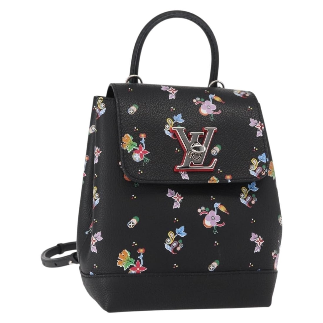 Floral Pattern Lockme Backpack in Black Leather by Louis Vuitton: Floral Pattern Lockme Backpack in Black Leather by Louis Vuitton This Louis Vuitton Lockme Backpack features a floral printed leather exterior in black, designed for women. The backpack is crafted fro