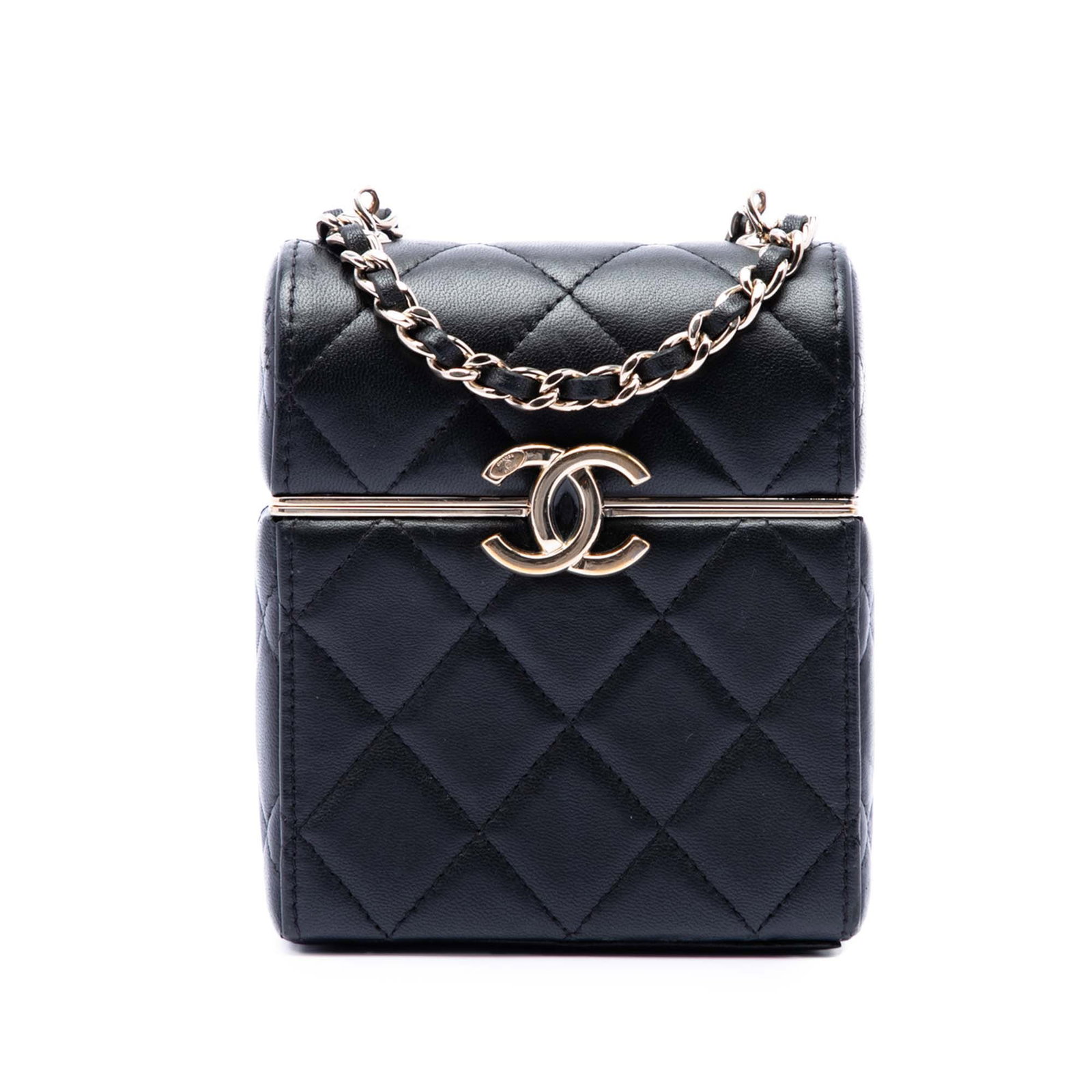 Chanel Box With Chain Small Quilted Lambskin Crossbody Bag: Chanel Box With Chain Small Quilted Lambskin Crossbody Bag A Chanel crossbody bag in black quilted lambskin leather, featuring a leather-woven chain strap, top flip-lock closure, and interior slip poc