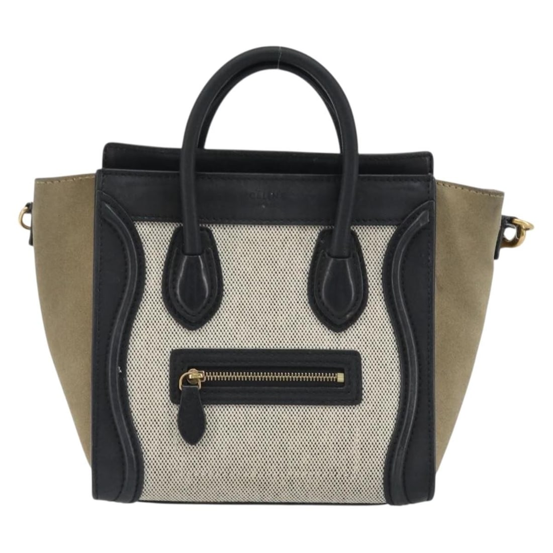 Celine Luggage Gray Canvas Handbag with Leather Trim: Celine Luggage Gray Canvas Handbag with Leather Trim Celine Luggage bag in gray canvas with leather trim. Made in Italy, it measures 19 cm x 19 cm x 9 cm. The item is in fair condition with noted exte