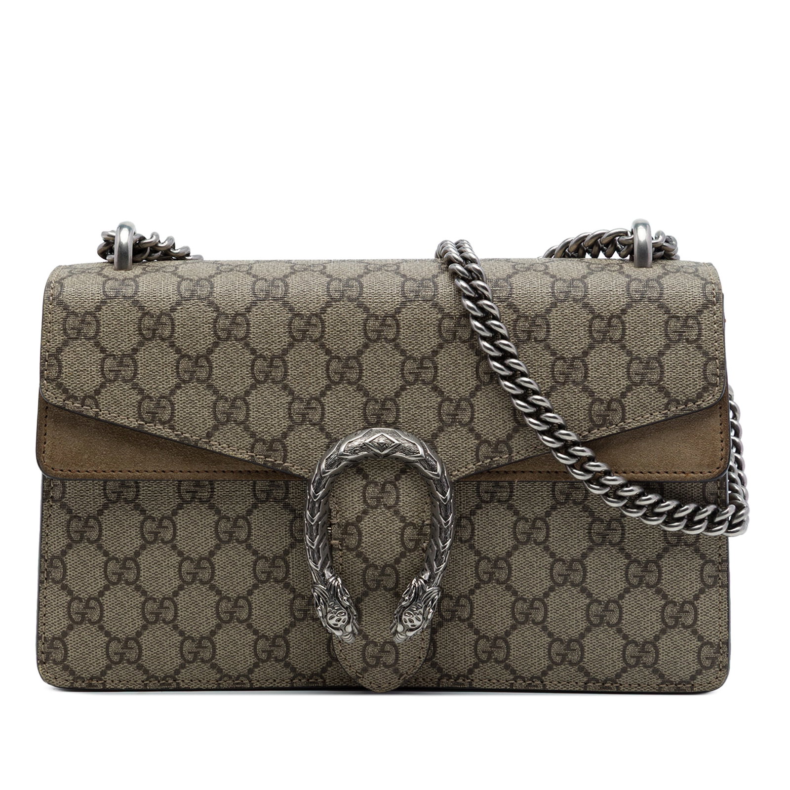 Gucci Dionysus Medium Shoulder Bag in GG Supreme Canvas: Gucci Dionysus Medium Shoulder Bag in GG Supreme Canvas Gucci Medium GG Supreme Dionysus shoulder bag with a coated canvas body, suede leather trim, chain link shoulder strap, front flap with push loc