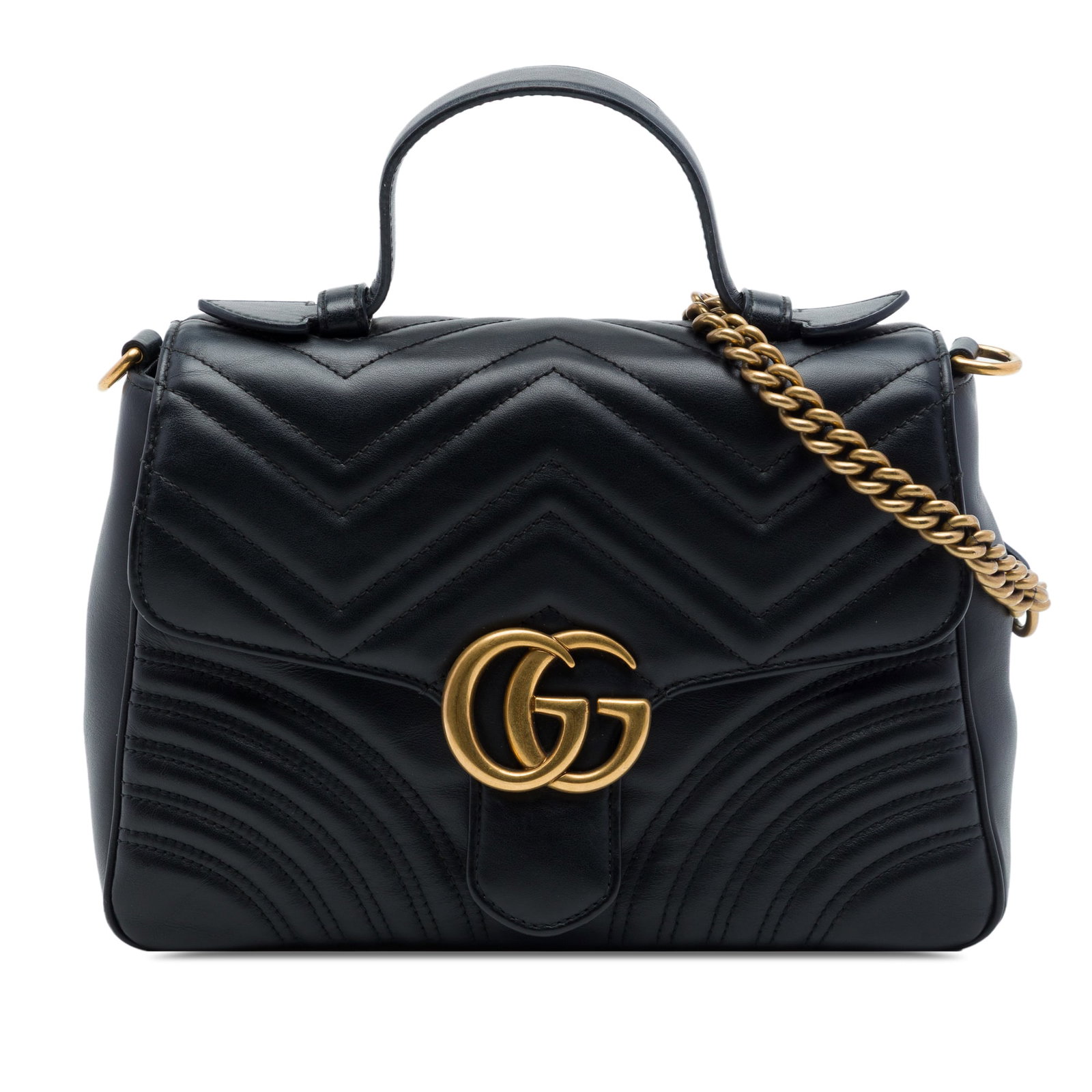 Gucci GG Marmont small black leather top handle satchel: Gucci GG Marmont small black leather top handle satchel A structured and compact satchel in quilted leather, this Small GG Marmont top handle bag features a flat leather top handle, a detachable chain
