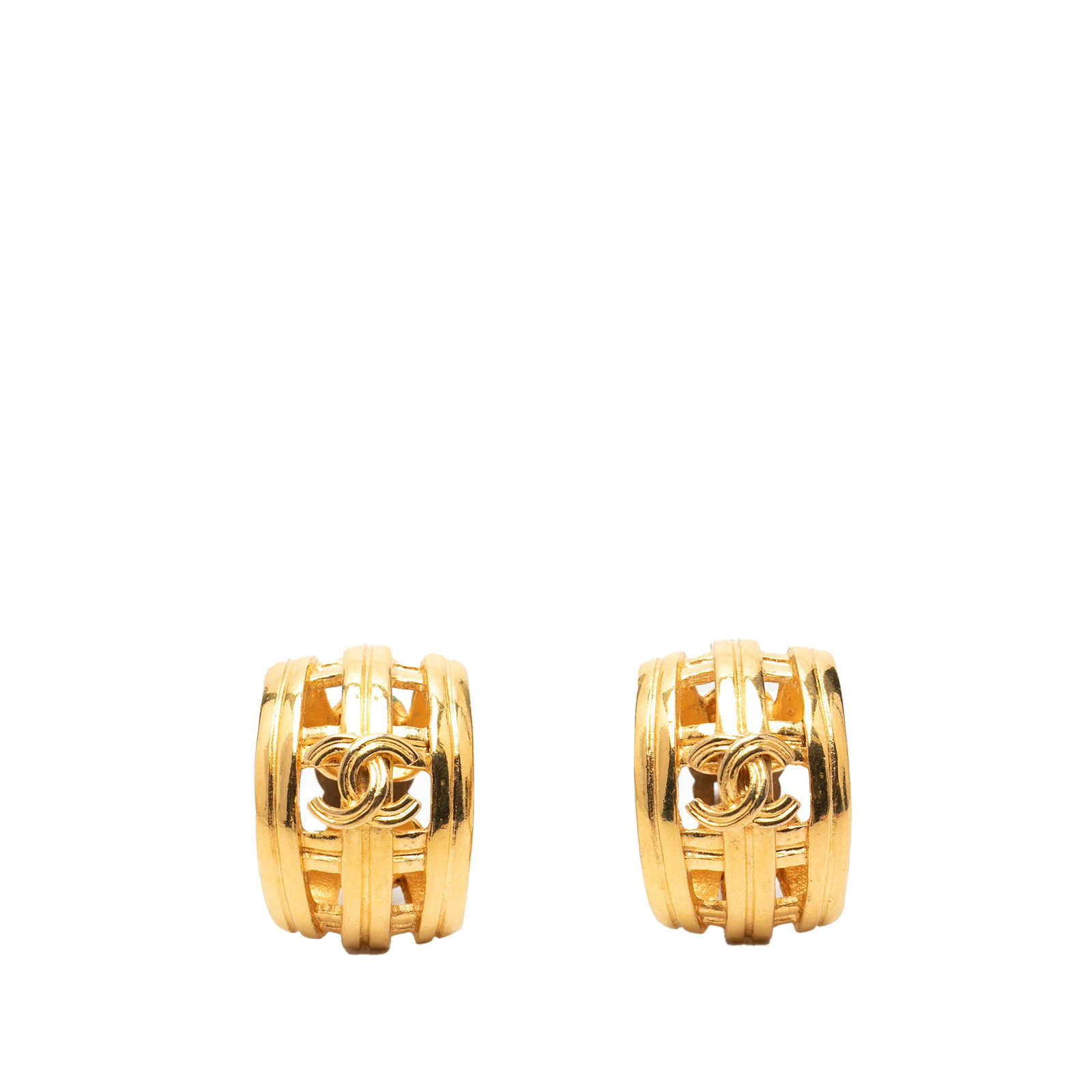 Chanel CC Gold Plated Clip On Hoop Earrings: Chanel CC Gold Plated Clip On Hoop Earrings These Chanel CC hoop earrings feature a gold-plated metal body and convenient clip-on closures. Crafted in France, they are designed in a classic hoop style