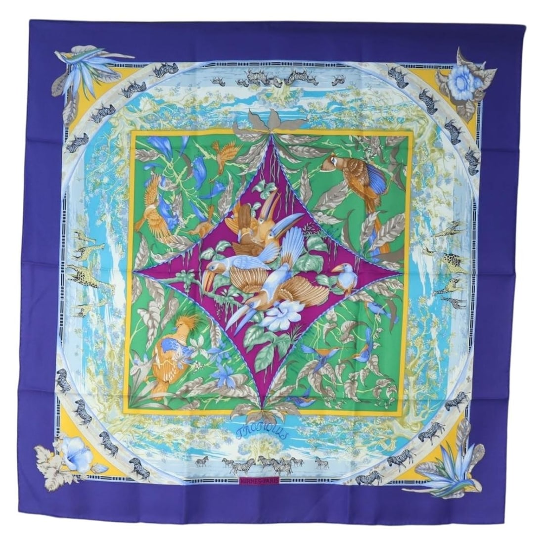 Hermes Tropiques Carre 90 Blue Silk Scarf with Box: Hermes Tropiques Carre 90 Blue Silk Scarf with Box Hermes Carre 90 scarf in blue silk, titled "TROPIQUES." This square scarf measures approximately 90 cm x 90 cm and is made in France. It includes the