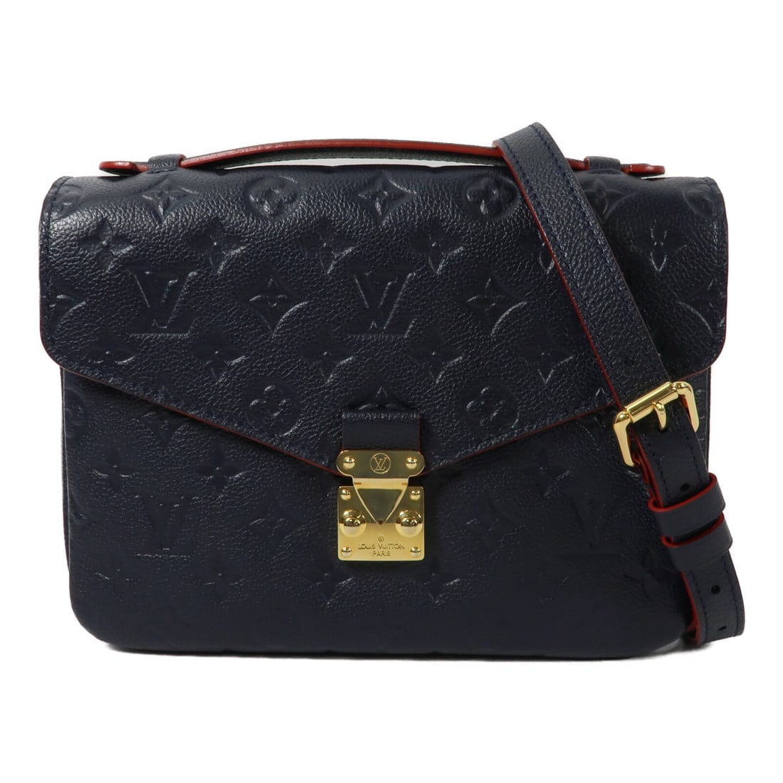 Louis Vuitton Pochette Metis M44071 Navy Monogram Empreinte Shoulder Bag: Louis Vuitton Pochette Metis M44071 Navy Monogram Empreinte Shoulder Bag A Louis Vuitton Pochette Metis 2 Way Bag in Navy, model M44071, crafted in Monogram Empreinte and calfskin (cowhide). This bag 