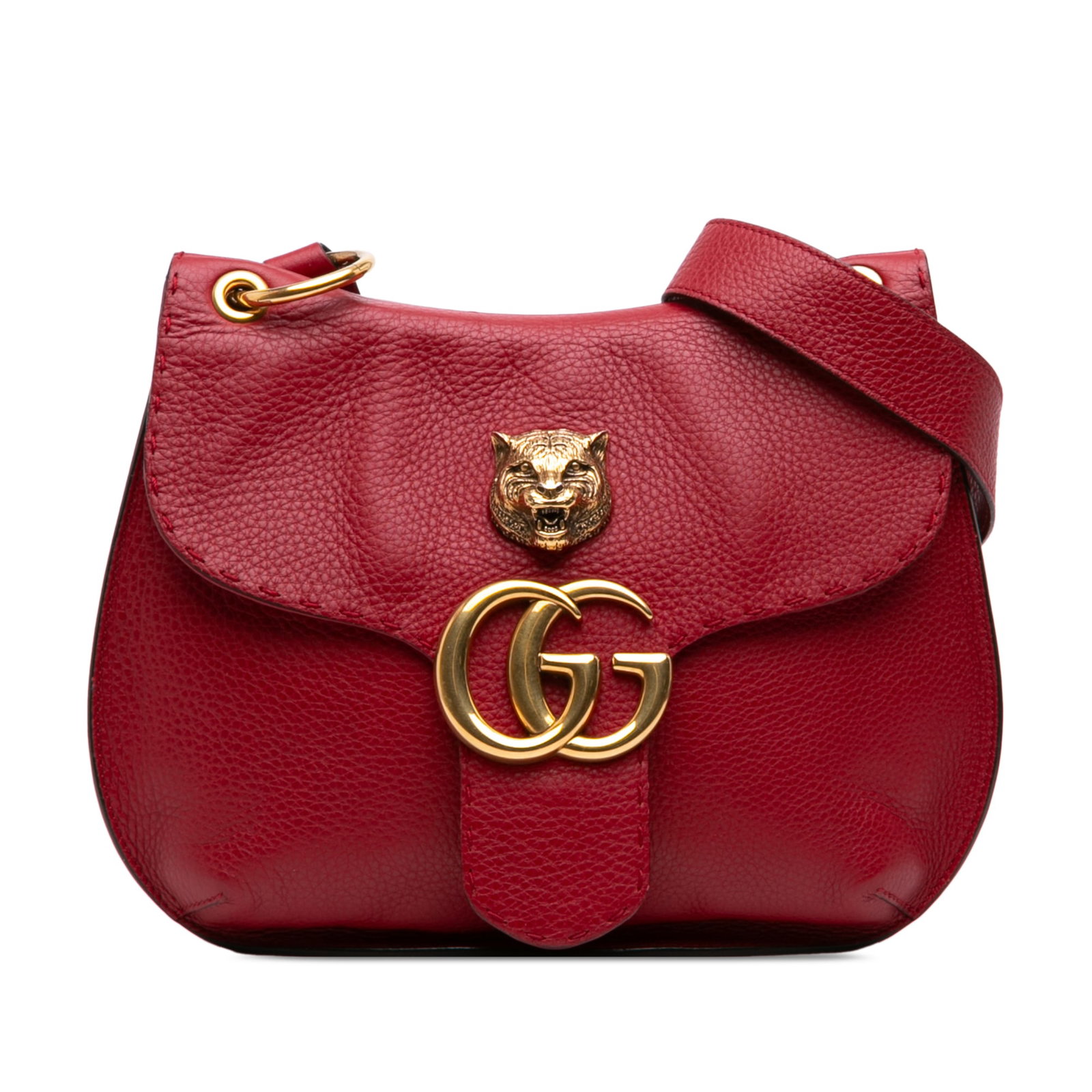 Gucci GG Marmont Animalier red leather shoulder bag: Gucci GG Marmont Animalier red leather shoulder bag The GG Marmont Animalier shoulder bag is crafted in red leather and features gold-tone GG hardware, a flat leather strap, a front flap with push loc