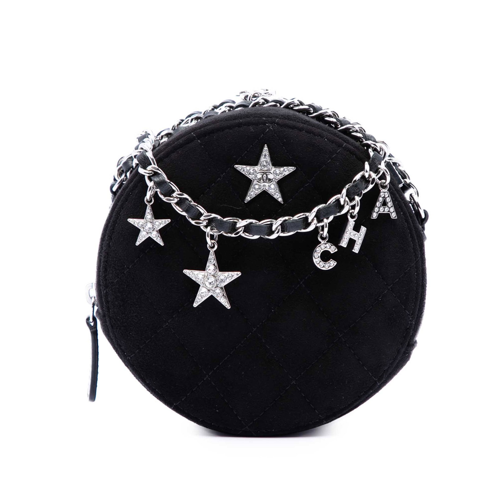 Chanel Cocostellar Round Clutch Bag Quilted Black Suede Chain Strap: Chanel Cocostellar Round Clutch Bag Quilted Black Suede Chain Strap Round Chanel crossbody clutch crafted in quilted suede leather with a leather-woven chain shoulder strap. The design features a top 