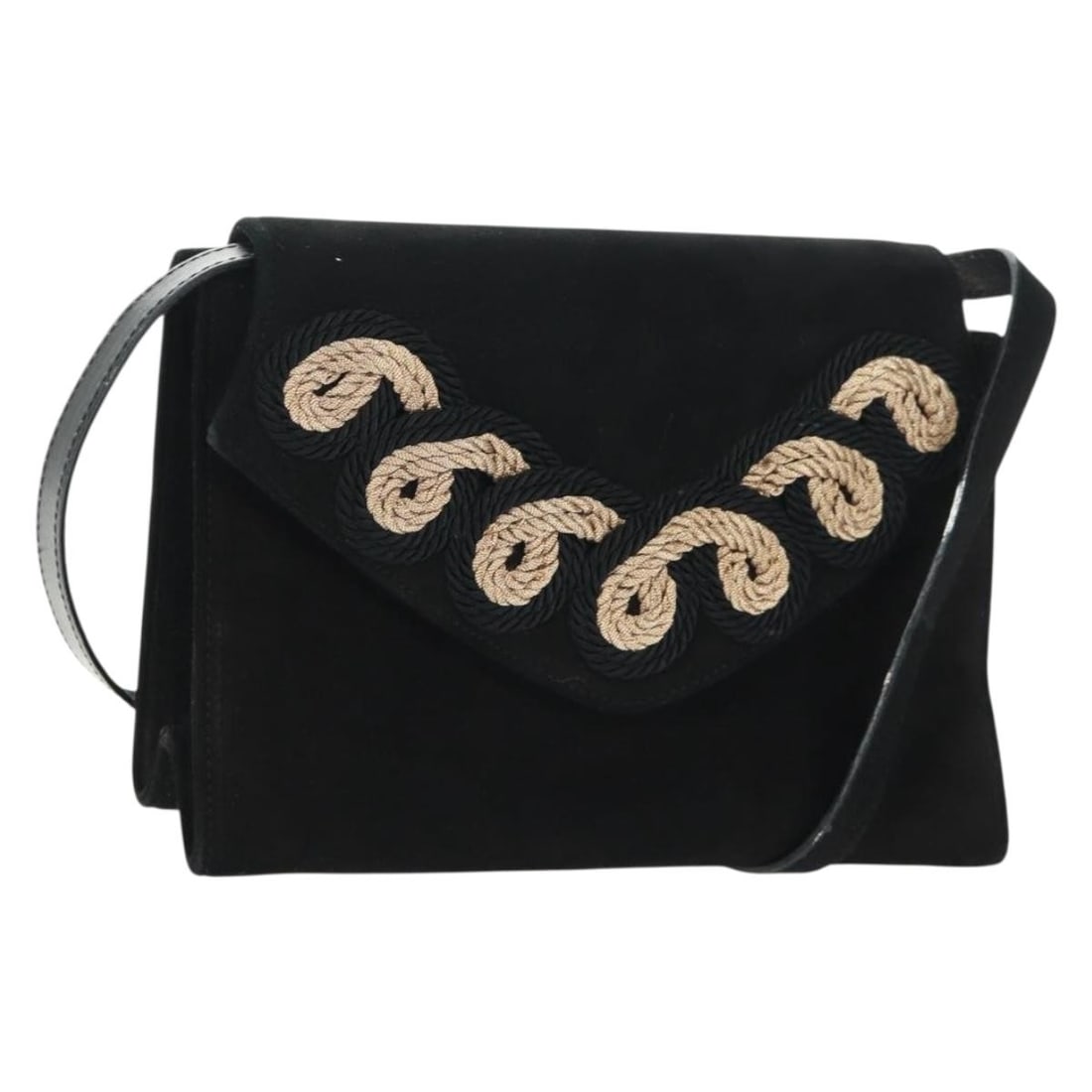 Black Suede Shoulder Bag by Salvatore Ferragamo with Gold Accents and Dust Bag: Black Suede Shoulder Bag by Salvatore Ferragamo with Gold Accents and Dust Bag This Salvatore Ferragamo shoulder bag features a black suede exterior with gold-tone accents. The bag includes a dust bag