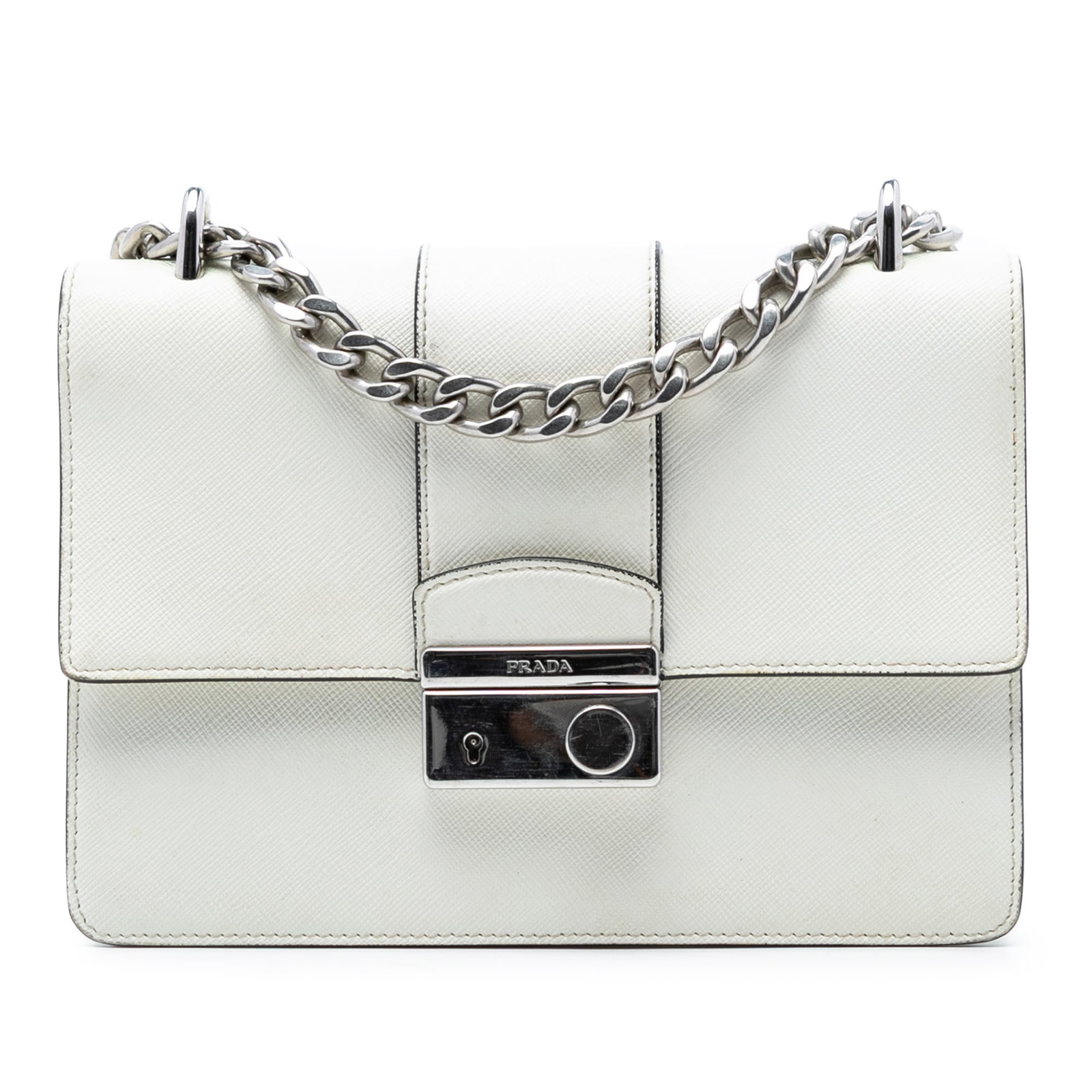 Prada Saffiano Leather White Chain Crossbody Bag with Sound Lock: Prada Saffiano Leather White Chain Crossbody Bag with Sound Lock This Prada Small Saffiano Sound Lock Chain Crossbody bag features a white saffiano leather body, a curb chain shoulder strap with a lea