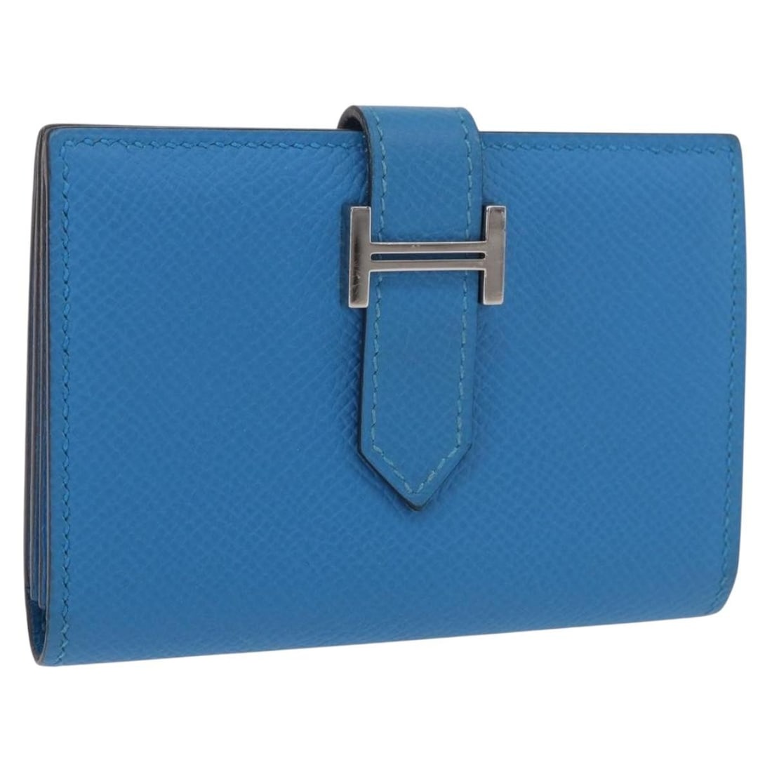 Hermes Bean Leather Card Case Blue Silver with Box: Hermes Bean Leather Card Case Blue Silver with Box Blue leather card case with silver-tone accents and a compact bean-style design. Made in France, this piece includes the original item box. Condition
