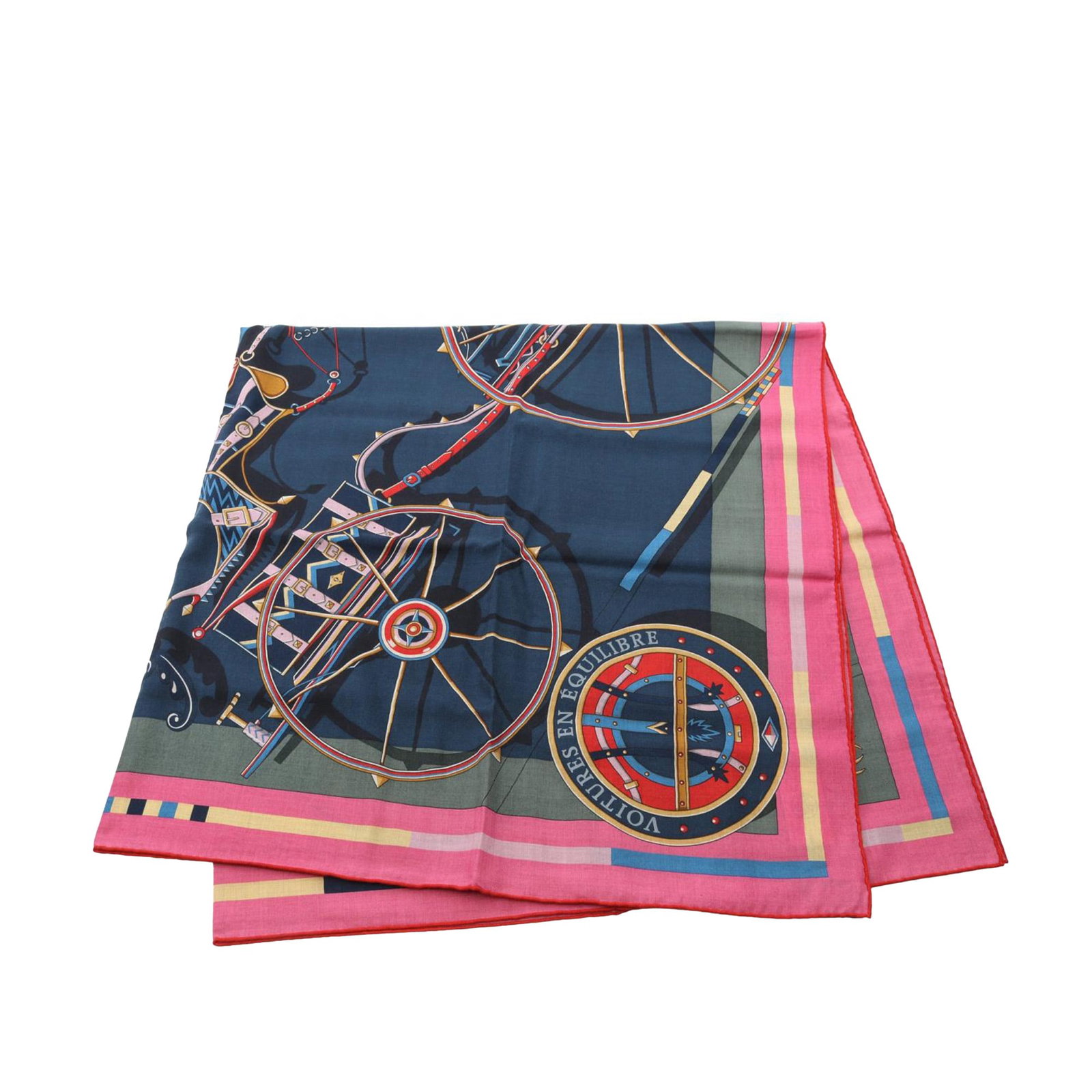 Hermes Voitures En Equilibre 140 Blue Cashmere Silk Scarf: Hermes Voitures En Equilibre 140 Blue Cashmere Silk Scarf This Hermes Voitures En Equilibre shawl features a distinctive blue pattern on a luxurious blend of 70% cashmere and 30% silk. Crafted in Fran