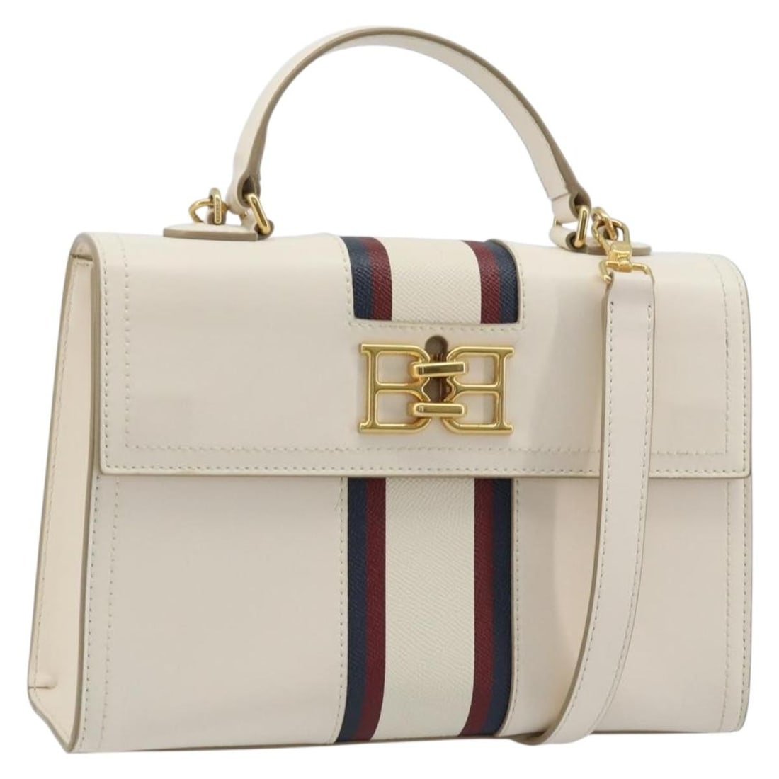 BALLY White Leather Two-Way Handbag with Gold Accents and Strap: BALLY White Leather Two-Way Handbag with Gold Accents and Strap This Bally handbag features a 2-way design and is crafted from white and gold leather. It offers both a top handle and a detachable shou