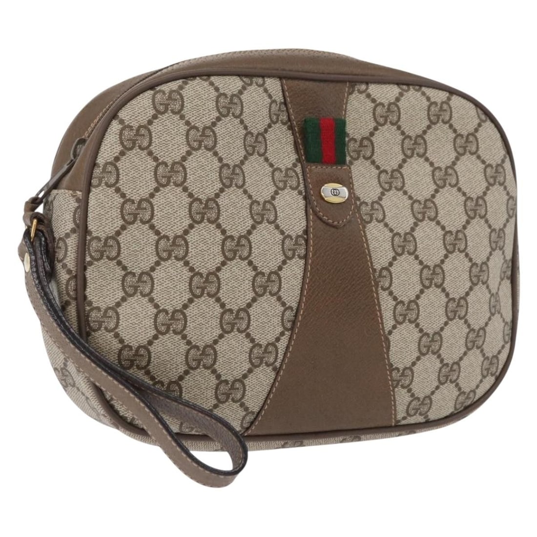 Gucci GG Supreme Sherry Line Beige PVC Clutch with Web Stripe: Gucci GG Supreme Sherry Line Beige PVC Clutch with Web Stripe This Gucci GG Supreme Web Sherry Line clutch bag features a beige, red, and green color scheme with exterior PVC leather and GG canvas. De