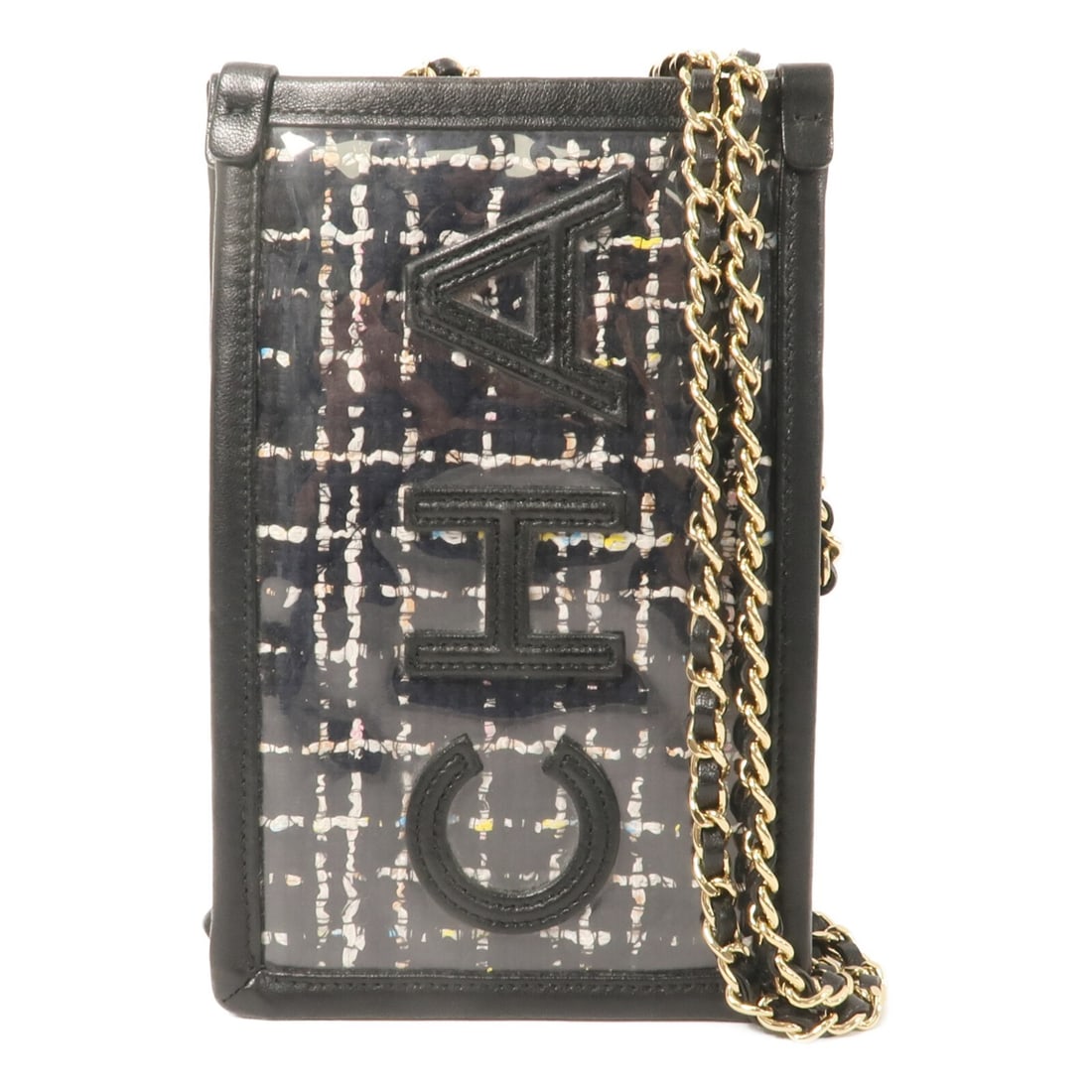 CHANEL AP0255 CC Chain Shoulder Clutch Tweed PVC Black GHW: CHANEL AP0255 CC Chain Shoulder Clutch Tweed PVC Black GHW A CHANEL CC GHW clutch with chain shoulder bag in black tweed/PVC. It features a magnetic pocket and an interior card section for 6 cards. Th