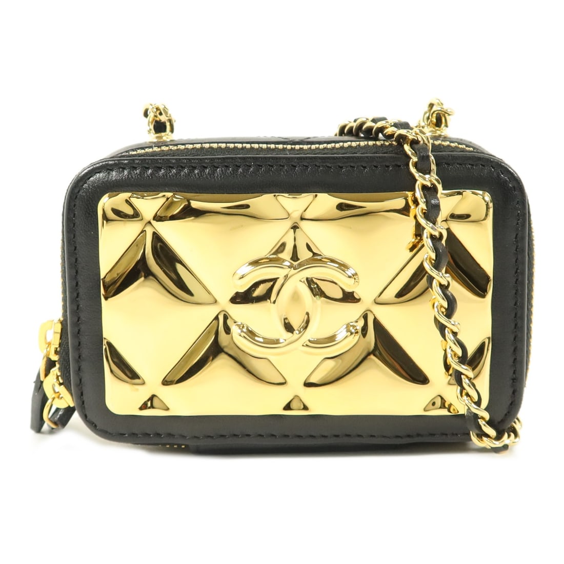 CHANEL AP2393 CC Chain Shoulder Bag Black Lambskin Gold Tone Hardware: CHANEL AP2393 CC Chain Shoulder Bag Black Lambskin Gold Tone Hardware A CHANEL CC GHW clutch with chain shoulder bag in black lambskin (sheep leather). It features a shoulder bag style, black frame co