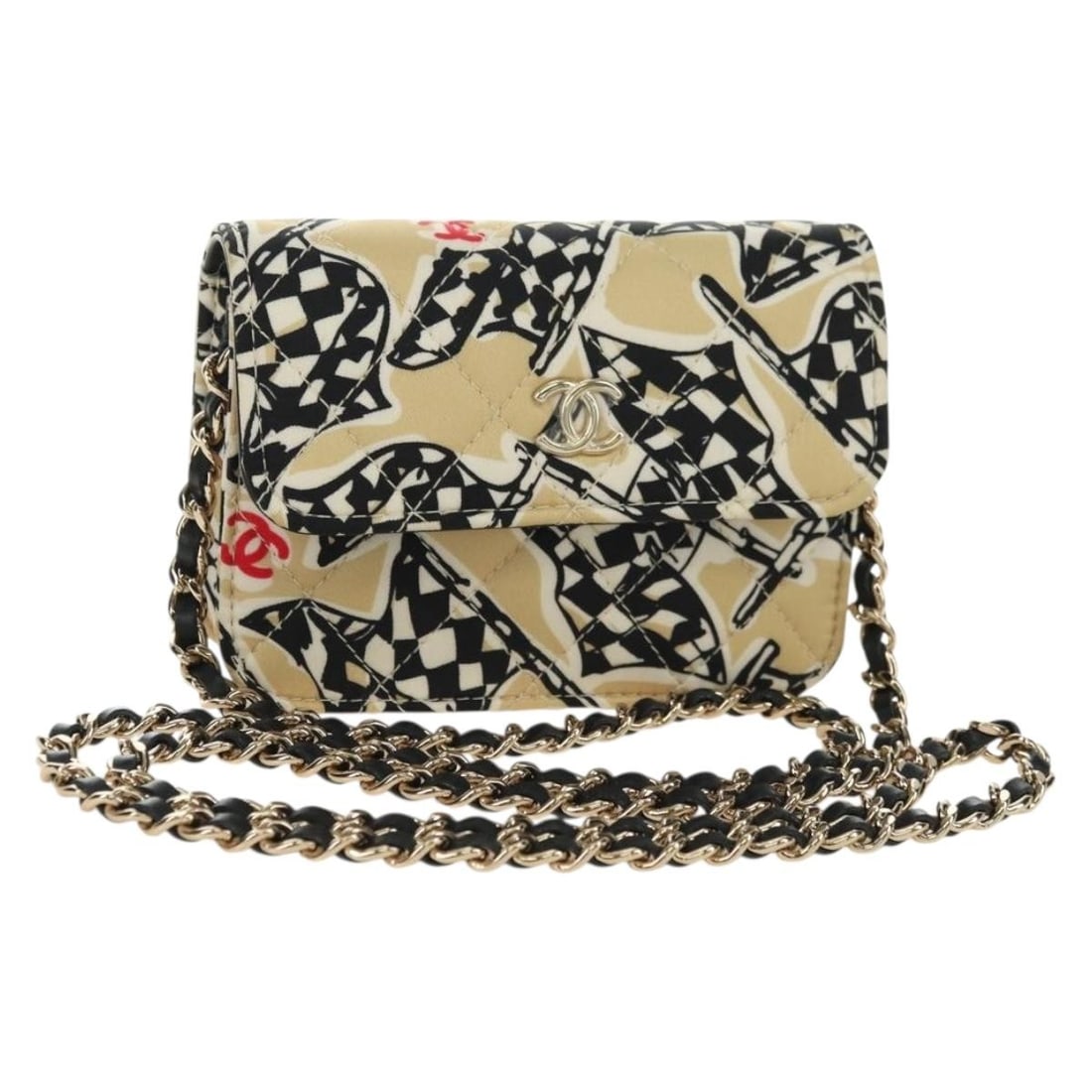 CHANEL Mini Matelasse Satin Shoulder Pouch Beige Gold CC: CHANEL Mini Matelasse Satin Shoulder Pouch Beige Gold CC Mini matelasse shoulder pouch in beige satin with a gold-tone CC chain design. This women's shoulder bag is made in Italy and is offered withou