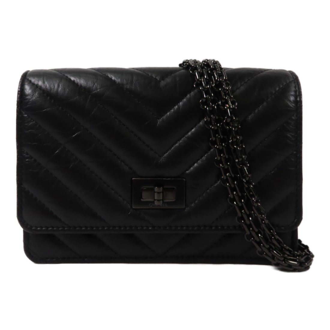 CHANEL 2.55 Mini WOC Lambskin Shoulder Bag Black CC Chain: CHANEL 2.55 Mini WOC Lambskin Shoulder Bag Black CC Chain CHANEL CC 2.55 Mini WOC Chain Shoulder Bag in black lambskin (sheep leather). This regular-size women's shoulder bag features a turn lock clos