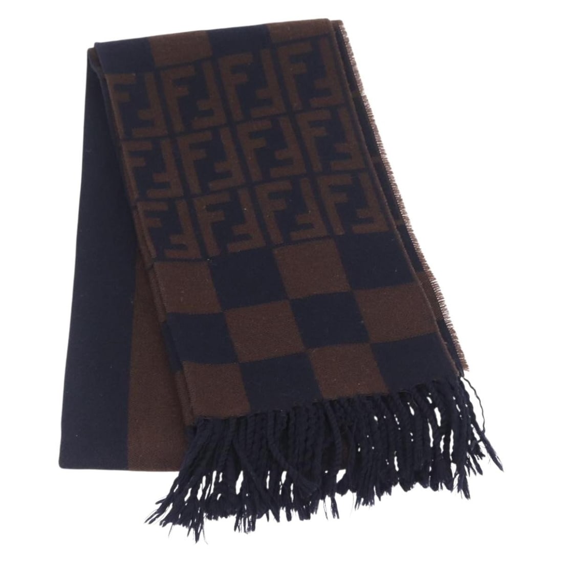 Fendi Wool Zucca Pattern Navy Brown Scarf for Women Italy (1 of 10)