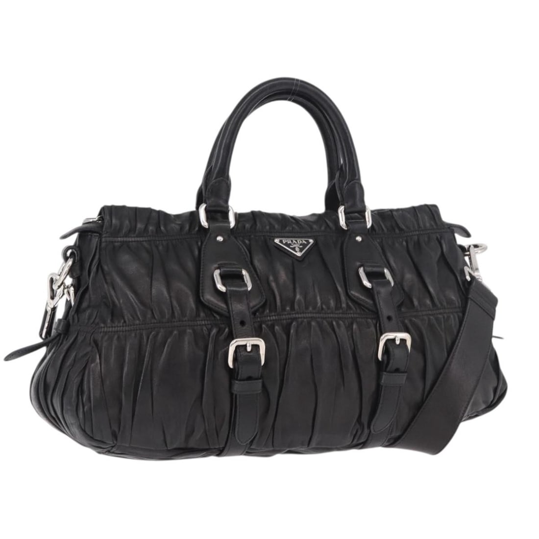 PRADA Black Lambskin 2 Way Handbag with Shoulder Strap: PRADA Black Lambskin 2 Way Handbag with Shoulder Strap Prada gathered 2-way handbag in black lamb skin with silver-tone accents. Made in Italy, this women's handbag includes a dust bag and shoulder st