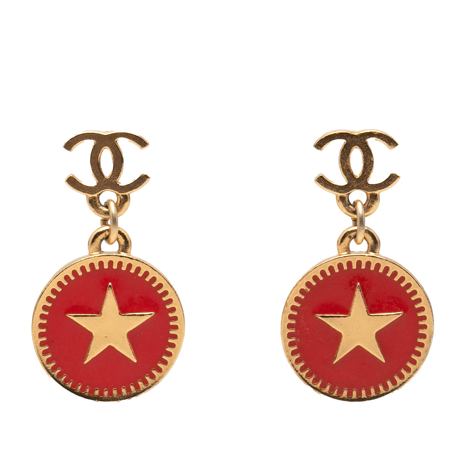 Chanel star dangle earrings gold plated enamel push back: Chanel star dangle earrings gold plated enamel push back These Chanel earrings feature a gold plated metal body with enamel star accents and a dangling design. They are equipped with a push back closu