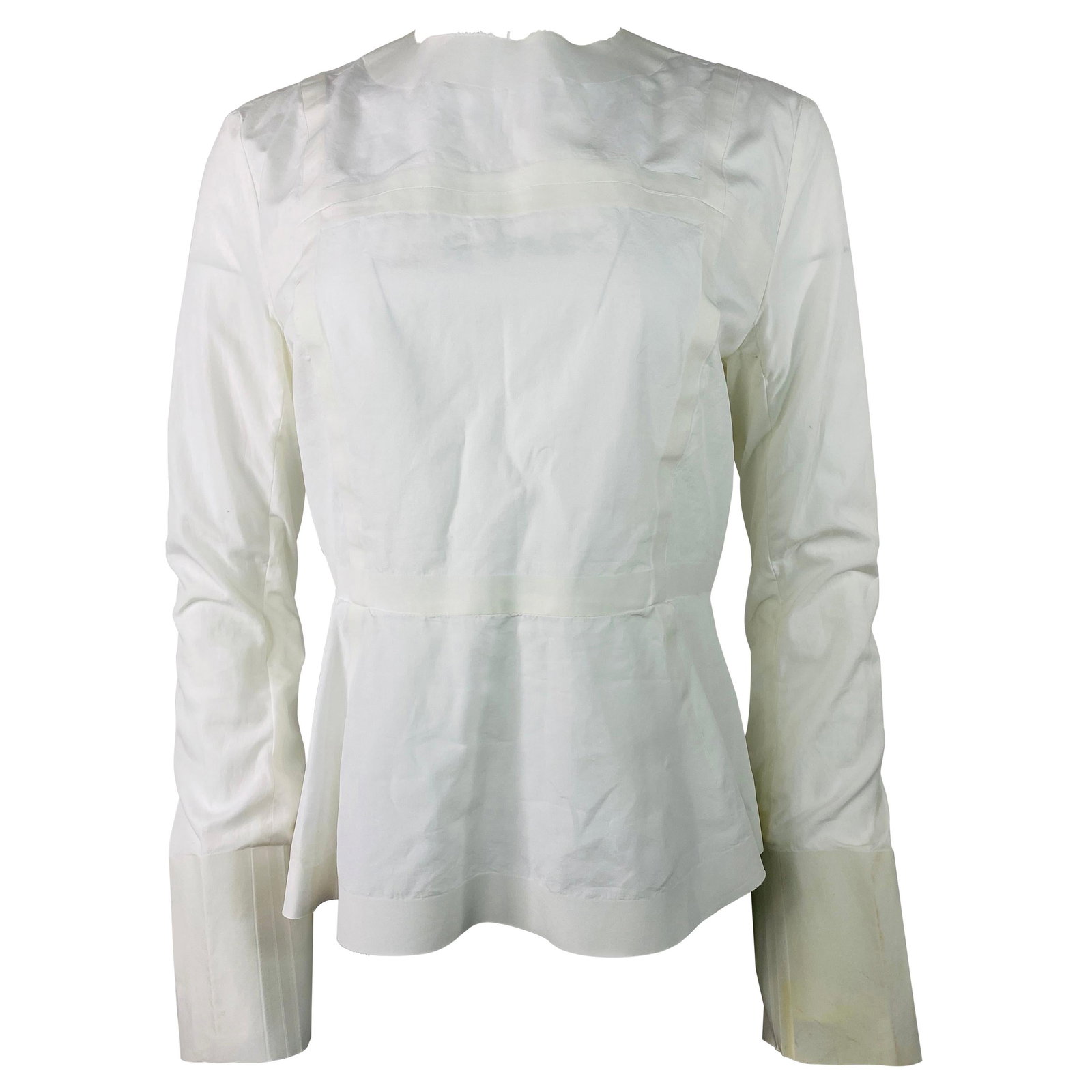 Celine Size 40 White Cotton Blouse with Flare Sleeves: Celine Size 40 White Cotton Blouse with Flare Sleeves Celine white cotton blouse top in size 40 (EU), featuring a crew neckline, flare sleeves, and a concealed rear zip closure. Made in France and dat