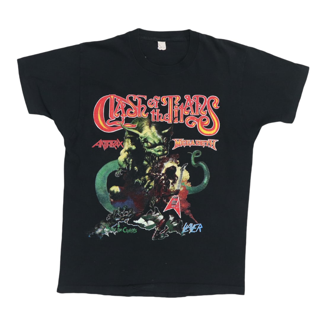 Vintage Black Tour Shirt Clash Of The Titans 1990 XL: Vintage Black Tour Shirt Clash Of The Titans 1990 XL Authentic vintage 1990 Clash Of The Titans tour shirt with front and back graphics. This original shirt is not a modern reproduction and is in good