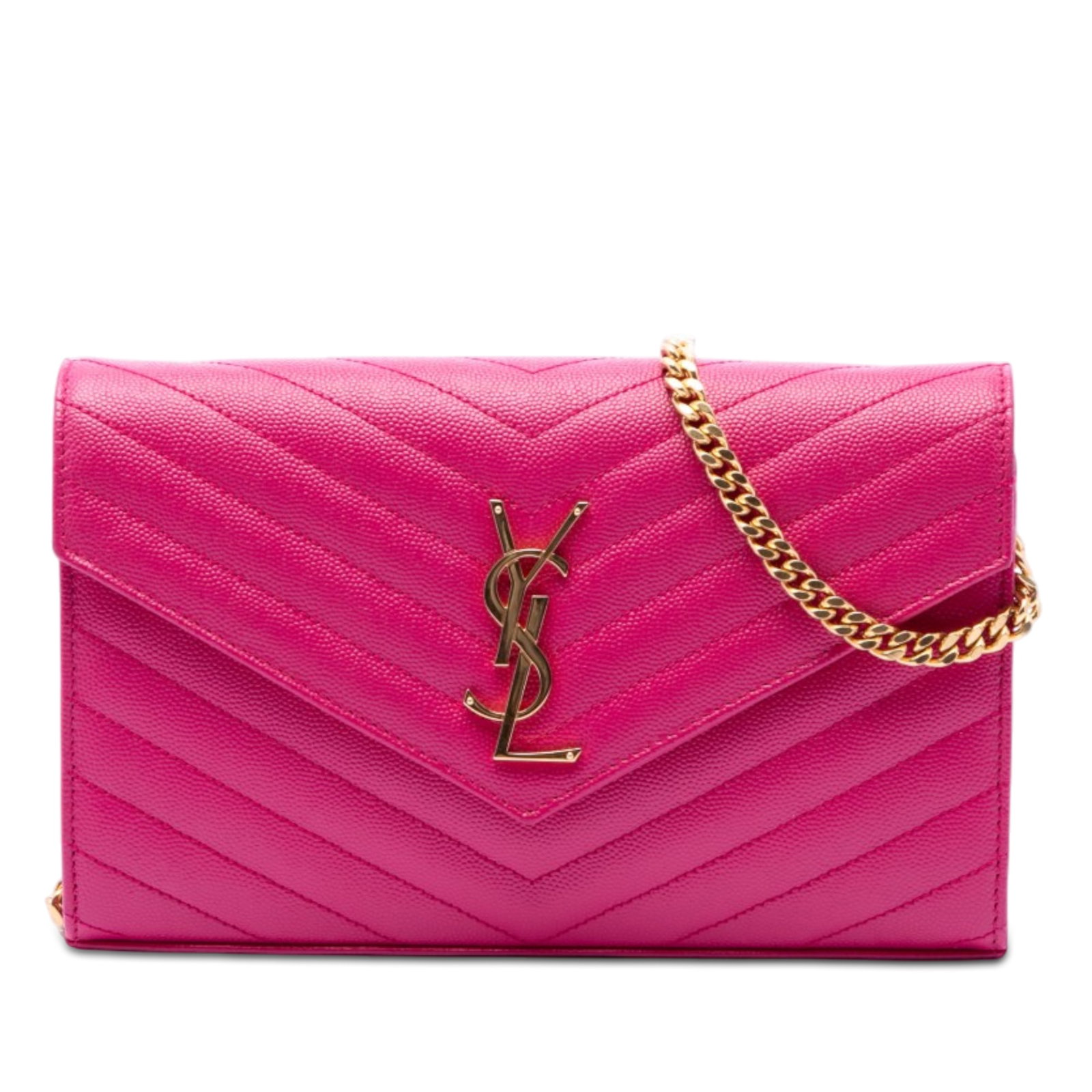 Saint Laurent Envelope Chain Wallet Grain De Poudre Chevron Pink Leather (1 of 8)