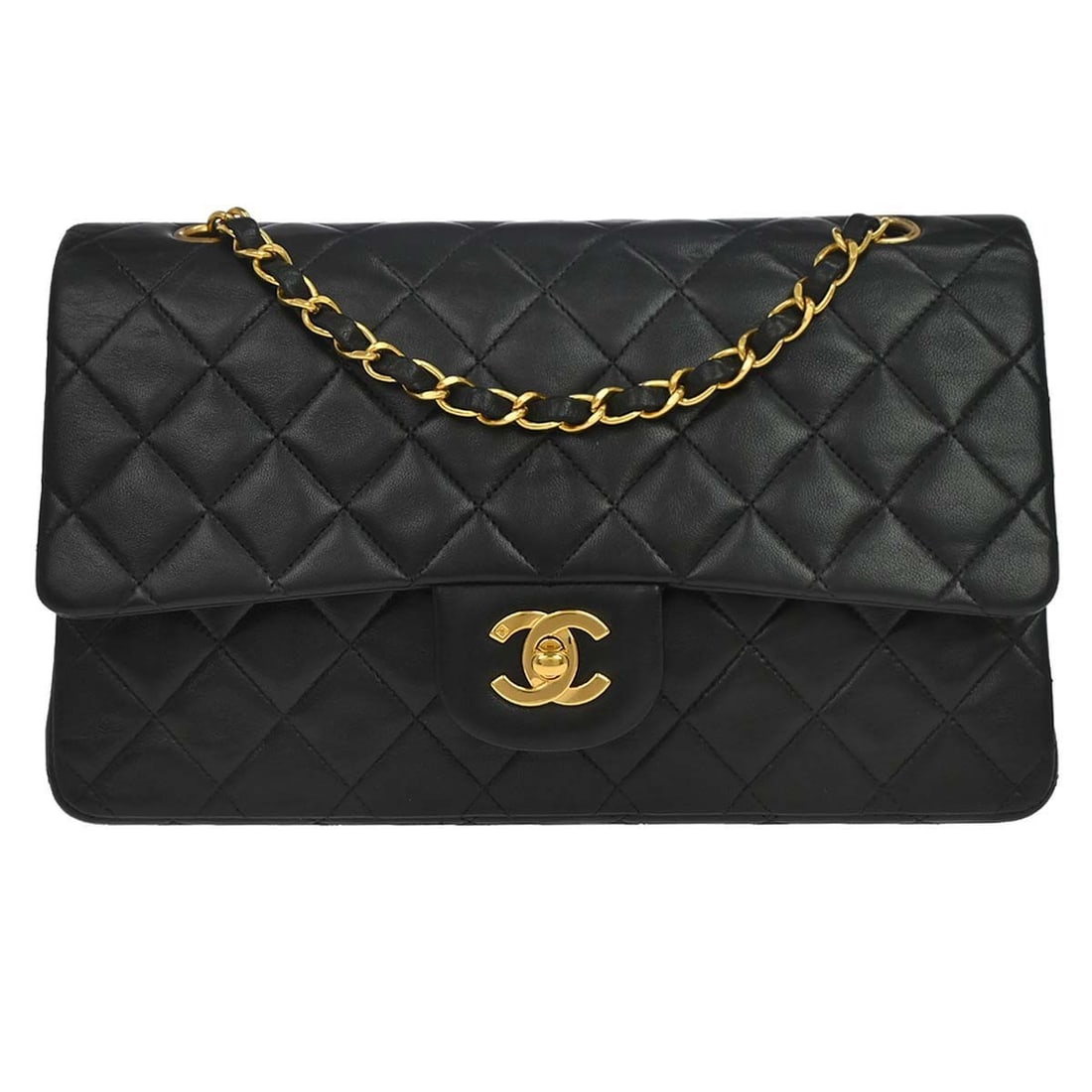 CHANEL Classic Double Flap Medium Shoulder Bag Black Lambskin: CHANEL Classic Double Flap Medium Shoulder Bag Black Lambskin Chanel Medium Classic Double Flap shoulder bag in black lambskin leather with a turn-lock closure and shoulder strap. Made in France, this