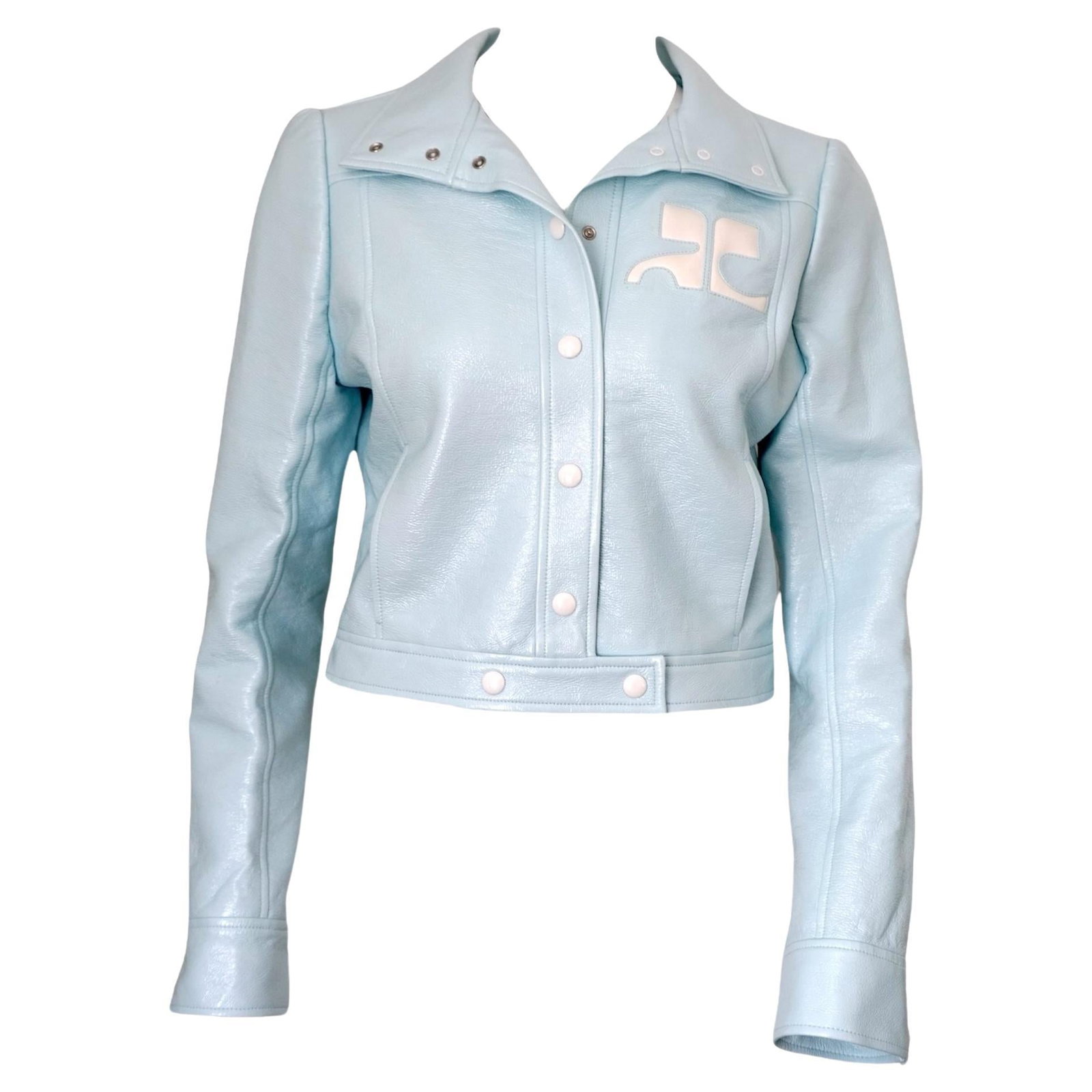 Courreges cropped vinyl jacket pastel blue logo front size 42 (1 of 12)