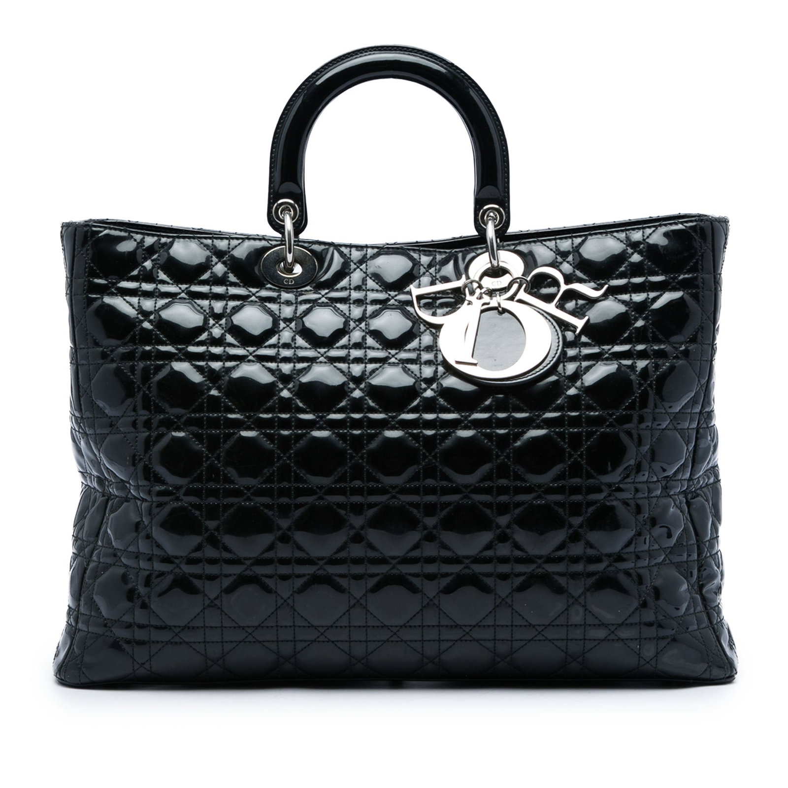 Dior Lady Dior Extra Large black patent leather handbag: Dior Lady Dior Extra Large black patent leather handbag Extra large Lady Dior bag in black patent leather with Cannage quilting. This handbag features flat leather top handles, a top zip closure, and 