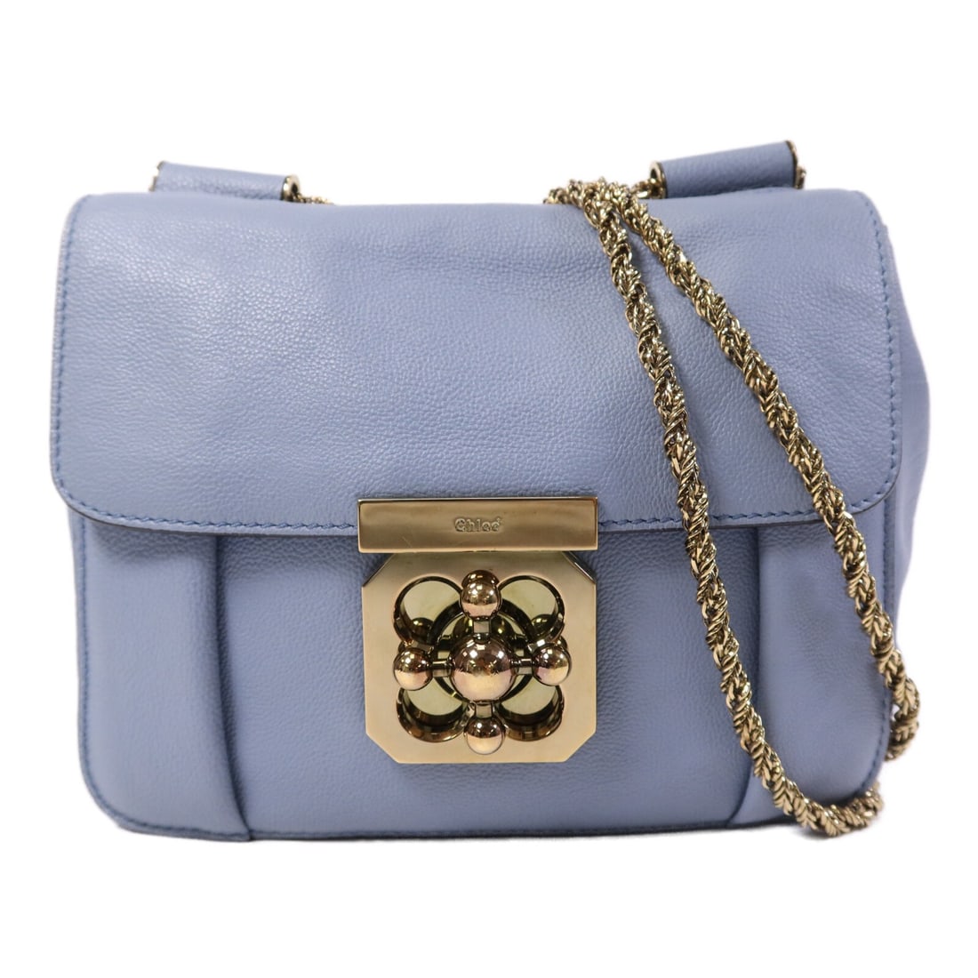 Chloe Blue Calfskin Shoulder Bag with Chain Strap: Chloe Blue Calfskin Shoulder Bag with Chain Strap Chloe GHW Chain Shoulder Bag in blue calfskin leather. This women's shoulder bag features a turn lock closure, one open interior pocket, and comes wit